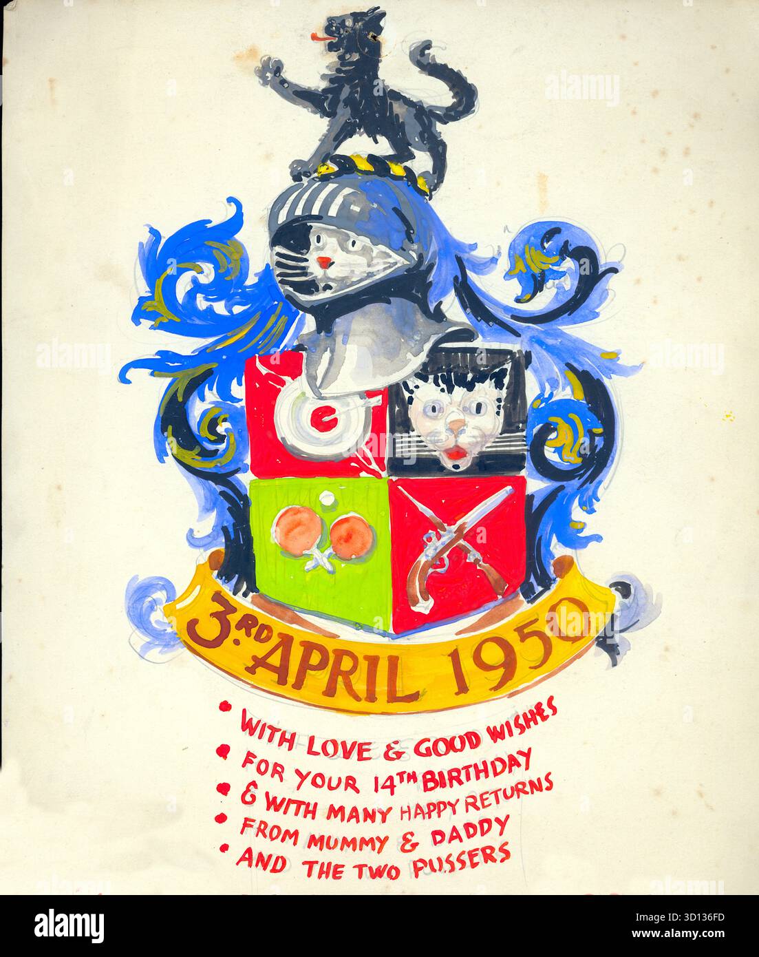 Une salutation de 14ème anniversaire 'de maman et papa et les pousseurs', ces derniers étant des chats de famille. Au-dessus de la salutation se trouve la date '3rd April 1950' et au-dessus de cela un blason élaboré avec le visage d'un chat regardant du casque d'un chevalier. Art unique, naïf, inattribué. D'une collection de cartes de vœux originales, à feuille unique, dessinées à la main et colorées produites à la fin des années 1940 - une époque où le rationnement du papier d'après-guerre était encore très en vigueur, au Royaume-Uni. Banque D'Images