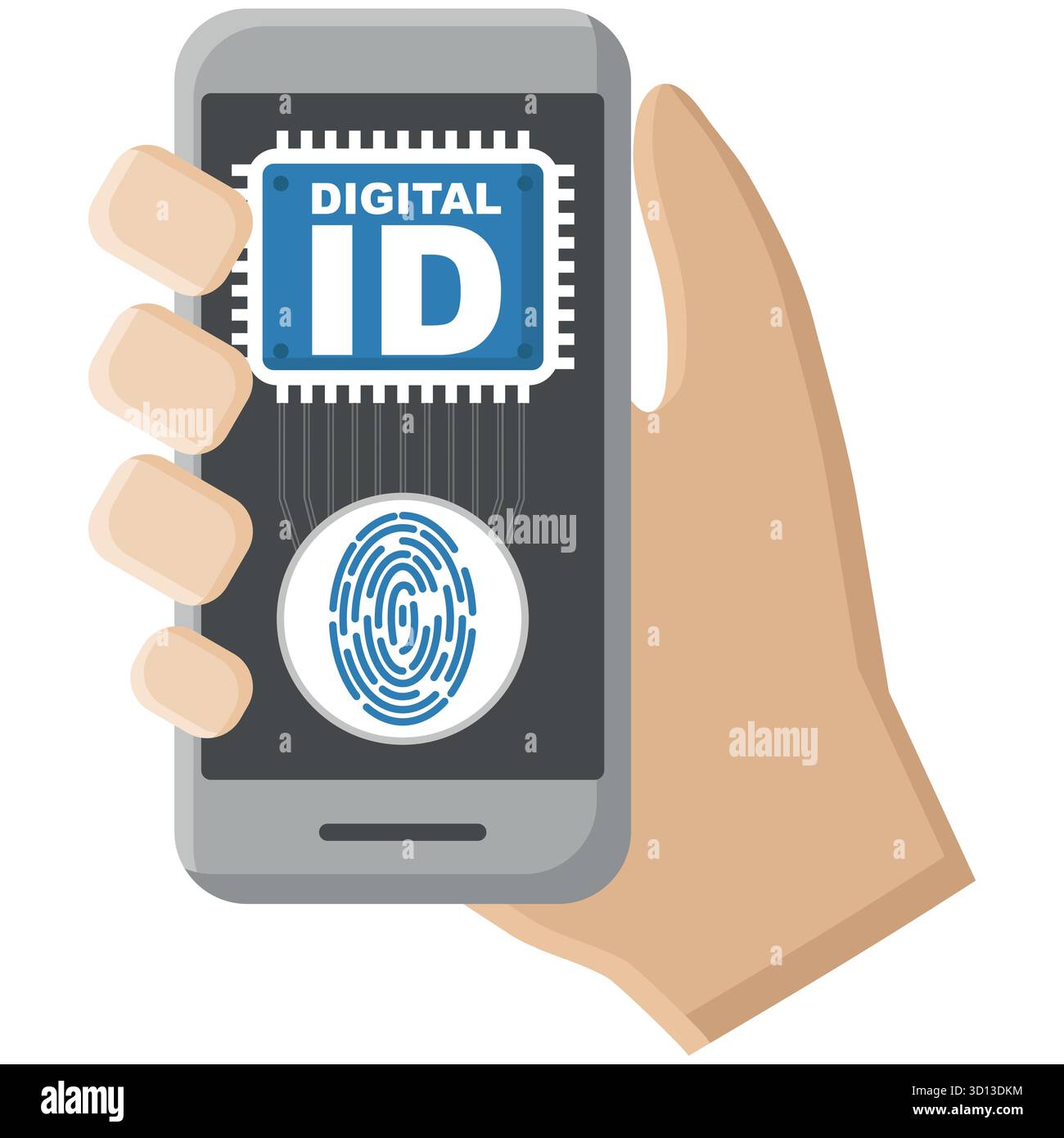 Smartphone avec concept de technologie biométrique Digital ID, empreinte digitale ou authentification par reconnaissance faciale sur appareil mobile Illustration de Vecteur