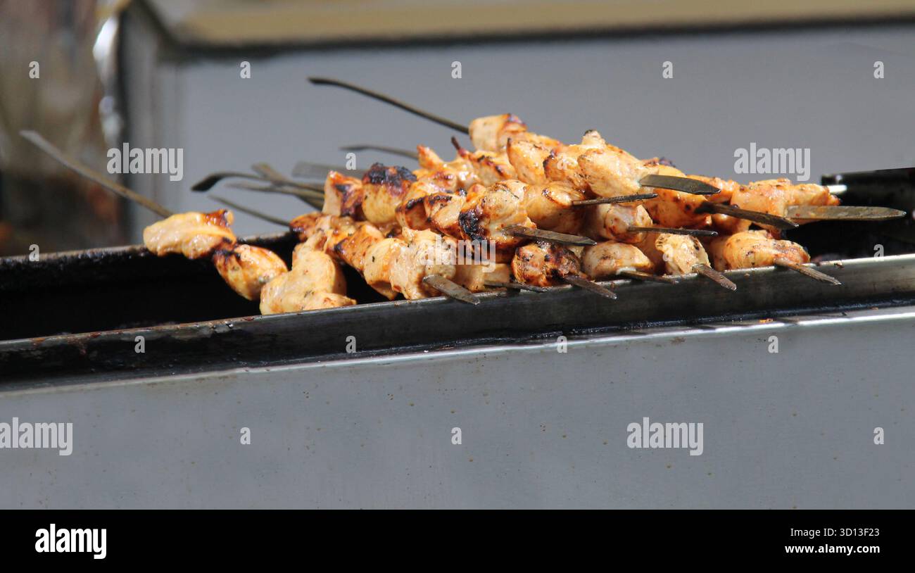 Brochettes de kebab à la viande de poulet cuisson sur un grill ouvert. Banque D'Images
