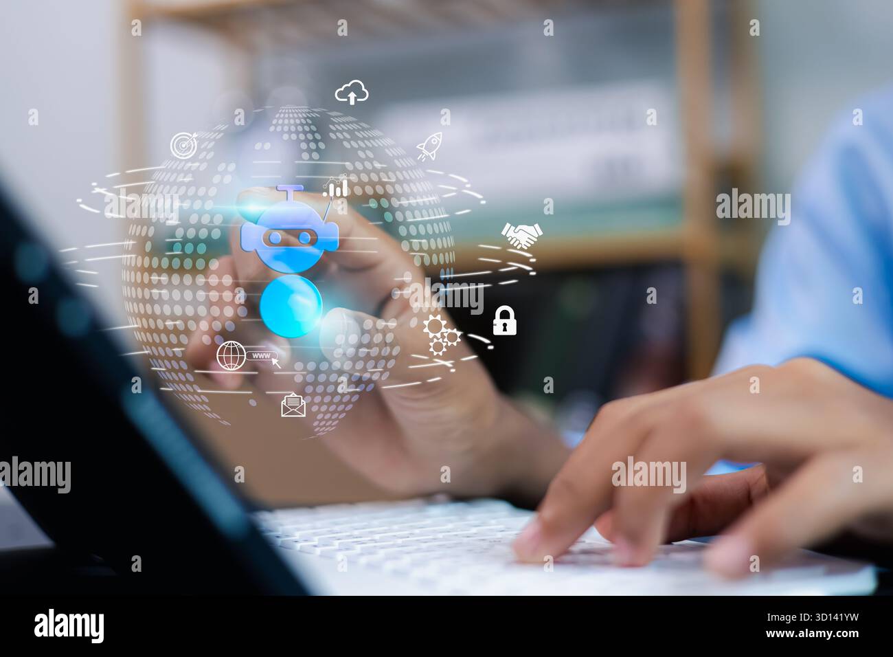 Homme d'affaires utilisant le chatbot ai et le système d'automatisation sur l'interface numérique pour la communication en ligne et le concept d'innovation de service à la clientèle. Banque D'Images