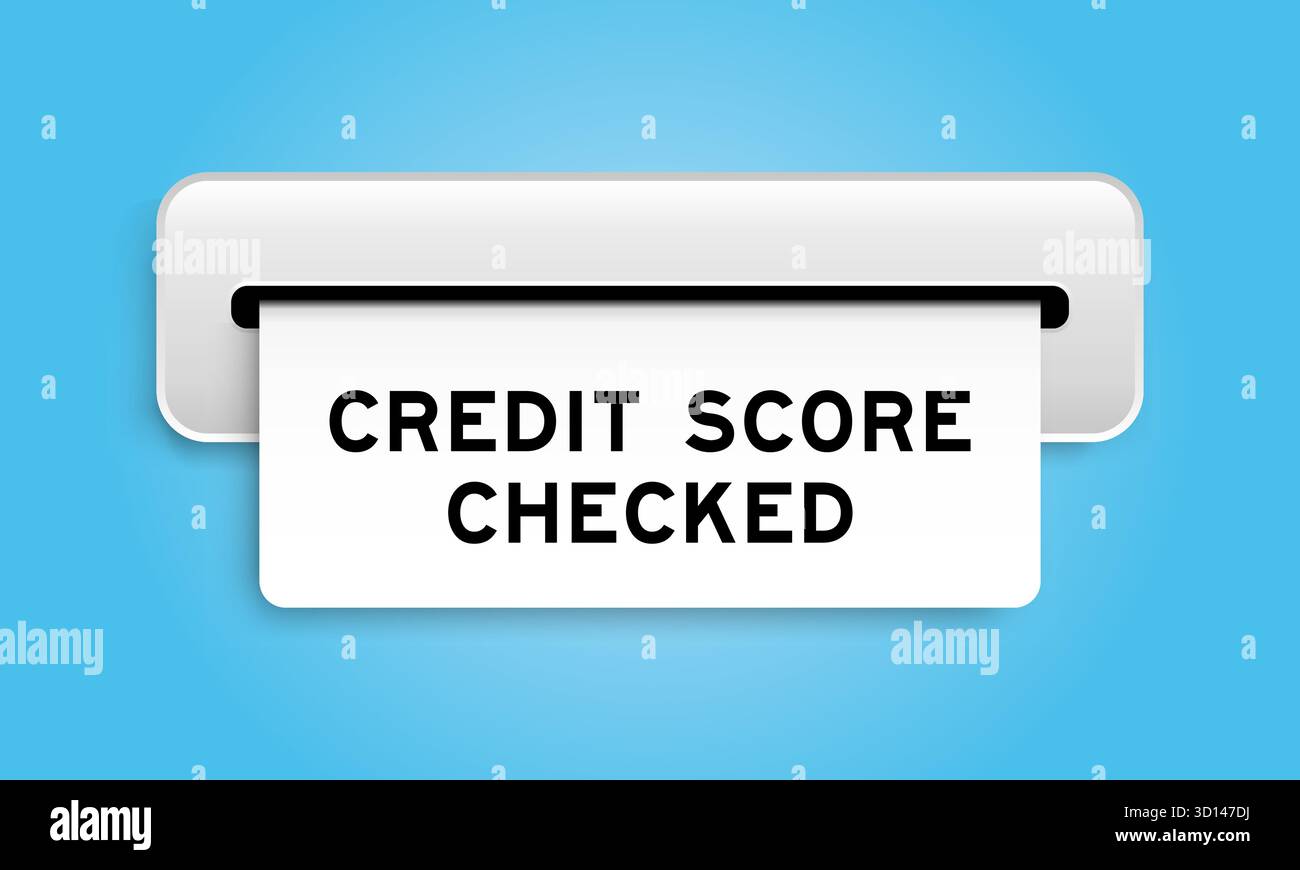 Bannière blanche de coupon avec score de crédit de mot vérifié de la machine sur fond de couleur bleue Illustration de Vecteur