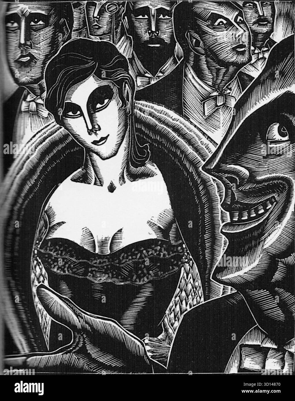 Lynd Ward - le Plan de Dieu - roman sans mots - L'œuvre d'art représente une scène dramatique et stylisée avec plusieurs personnages dans un cadre social, peut-être une boîte de nuit ou un casino. Figure centrale : une femme avec une coupe de cheveux bob et une robe basse est au premier plan, son regard dirigé vers le spectateur. Son expression est calme et énigmatique. Figure contrastée : à sa droite, un homme grotesque souriant avec un nez pointu et des dents tranchantes se penche, sa main faisant des gestes vers elle. Son visage est fortement ombragé et exagéré. Figures de fond : derrière la femme centrale, plusieurs autres hommes sont visibles. Un homme dans un smoking. Banque D'Images