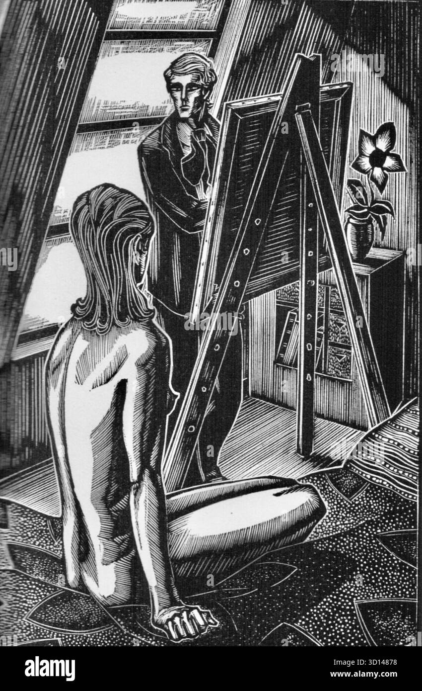 Lynd Ward - le Plan de Dieu - roman sans mots - L'estampe représente un artiste masculin debout derrière un chevalet, regardant une mannequin qui est assise sur le sol, le dos au spectateur. La salle est un atelier d'artiste, avec une fenêtre et une plante en pot visible en arrière-plan. Le récit du roman suit un artiste qui fait un pacte avec le diable pour un pinceau magique, ce qui lui apporte gloire et fortune. Banque D'Images