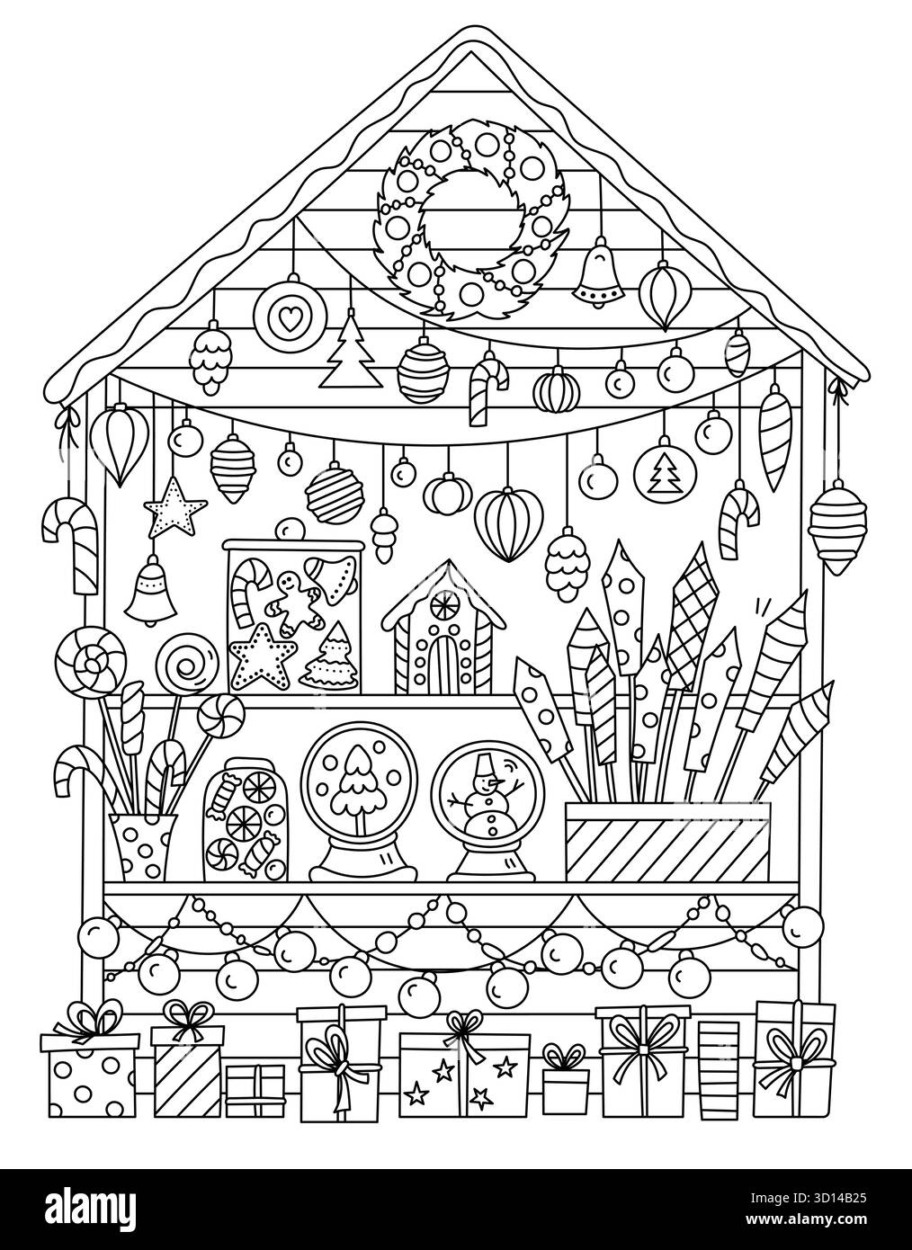 Stand de foire de Noël avec feux d'artifice décorés d'arbres et coloriage Snow Globes pour adultes et enfants Illustration de Vecteur