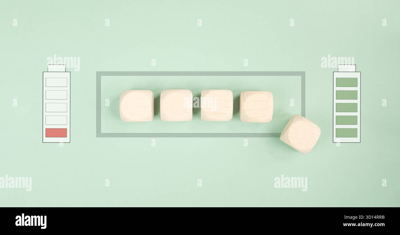 Stress, Burnout chargement, épuisement, équilibre entre style de vie et vie professionnelle, faible énergie, recharge vide, batterie pleine Banque D'Images