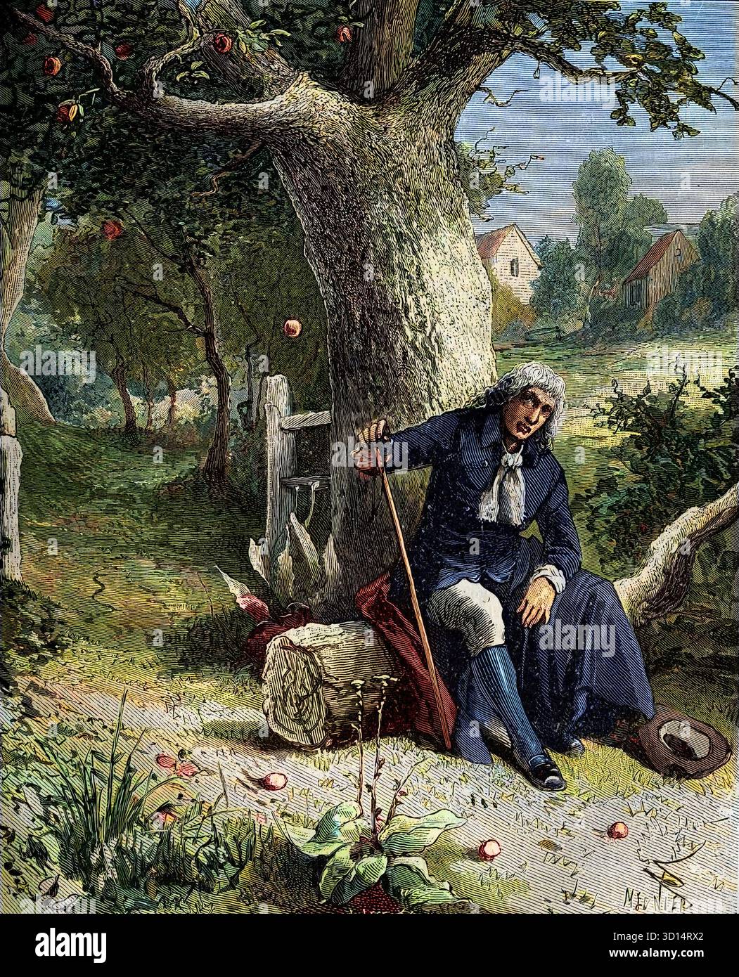 L'incident de la pomme : Isaac Newton, scientifique et mathématicien anglais inspiré à formuler sa théorie de la gravitation en observant la chute d'une pomme d'un arbre - Isaac Newton (1642-1727), mathématicien et astronome anglais, découvrant la notion de la pesanteur terrestre grâce à une pomme tombant d'un pommier de Woolsthorpe. 1880. (Newton at Woolsthorpe Manor, Lincolnshire) Banque D'Images