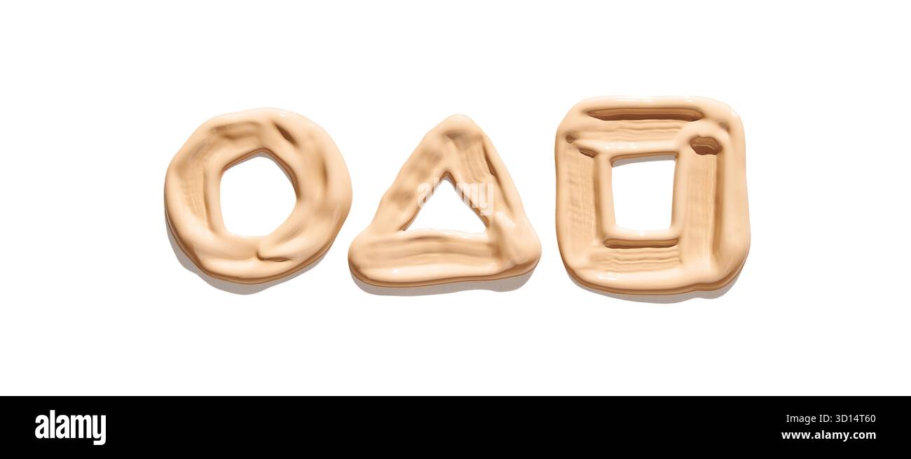 Formes géométriques cercle triangle carré formé avec fond liquide beige sur fond blanc. Banque D'Images