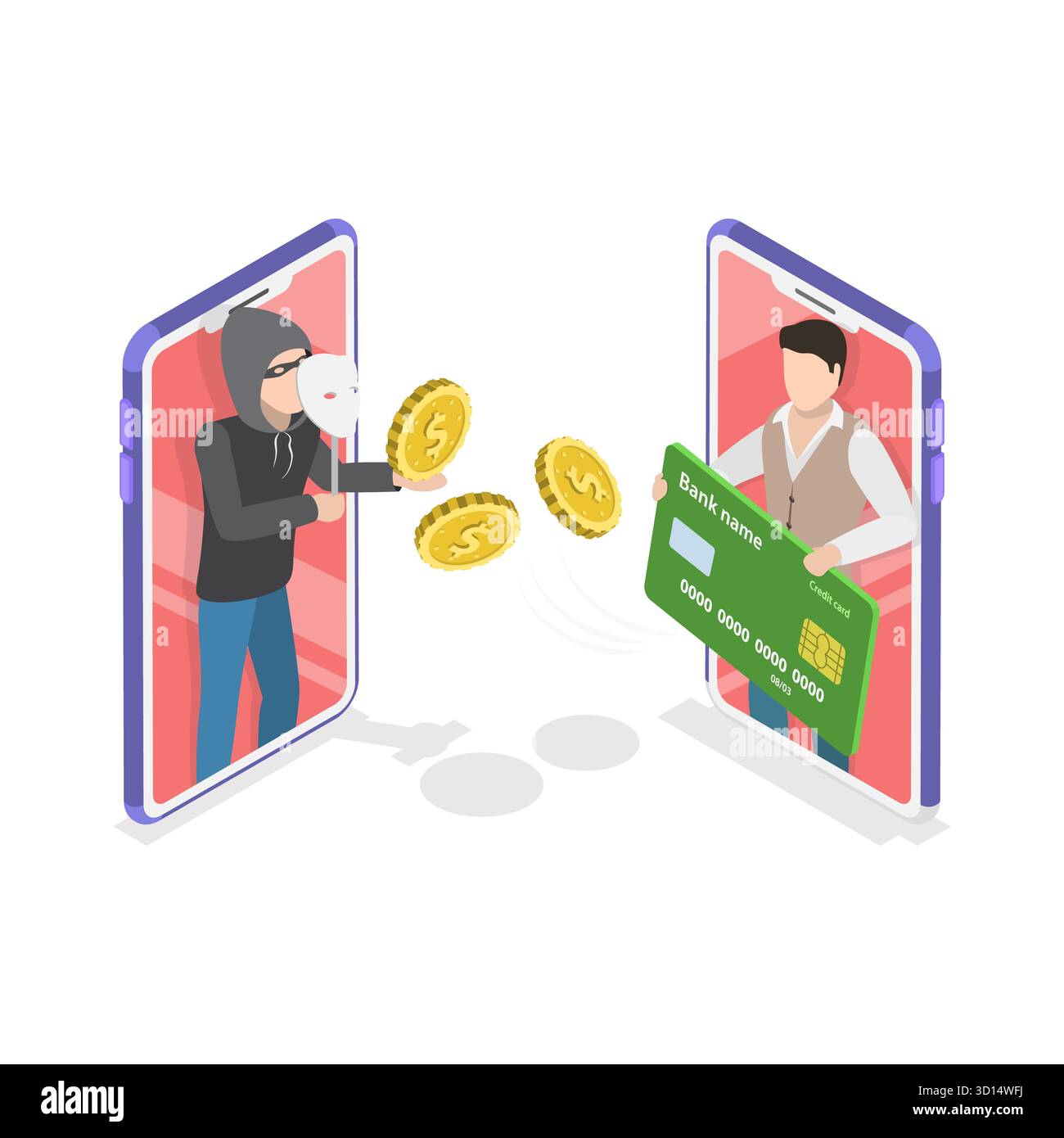 Ensemble plat isométrique 3D de scènes d'escroquerie, fraude sur Internet. Point 3 Banque D'Images