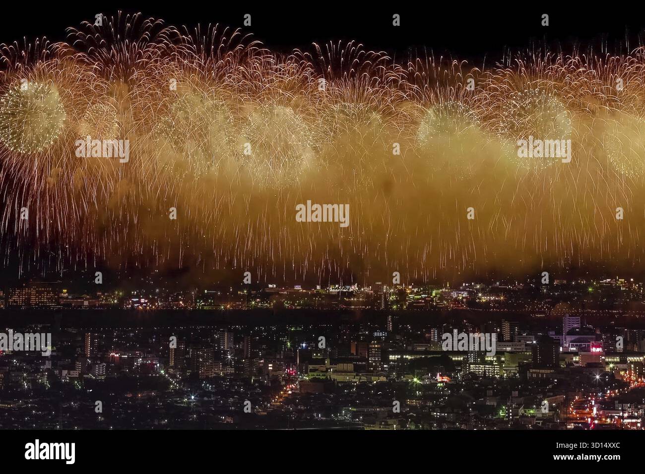 Salut festif dans le ciel nocturne. Saluez la ville de la mégalopole. Explosions de feux d'artifice Banque D'Images