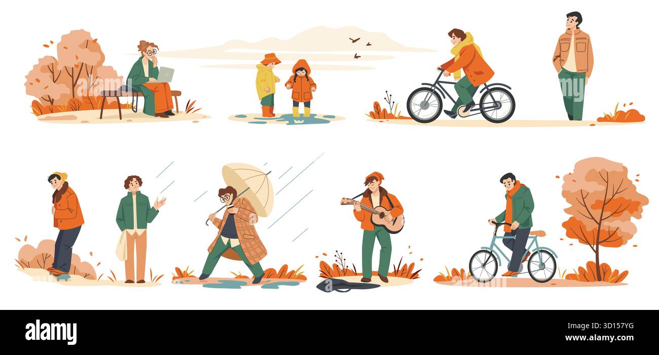 Pluie d'automne. Personnages de gens avec parapluie, météo de la saison d'automne en ville. Couple, enfants à vélo à l'extérieur, temps pluvieux. Personnages marchant dans le parc. Illustration isolée plate de dessin animé vectoriel Illustration de Vecteur