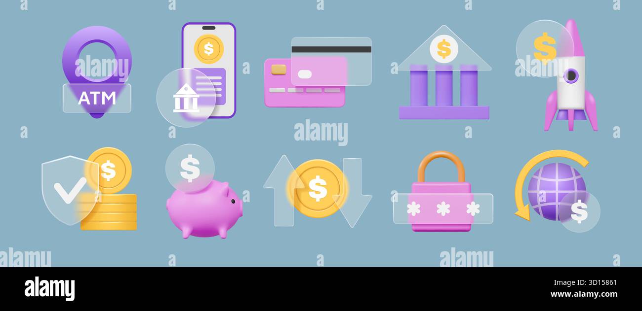 icônes de verre 3d. Application de jeu d'argent UI, calendrier financier, carte de gradient d'affaires transparente, interface multimédia. Monnaie bancaire, fusée de démarrage de smartphone, livraison de technologie. Eléments de glassmorphisme vectoriel Illustration de Vecteur
