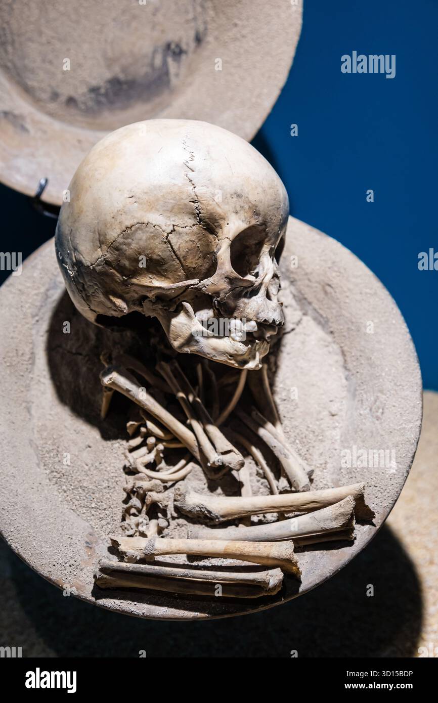 Squelette d'un enfant enterré dans un récipient en céramique, une ancienne coutume funéraire pratiquée à Teotihuacan, au Mexique. Banque D'Images