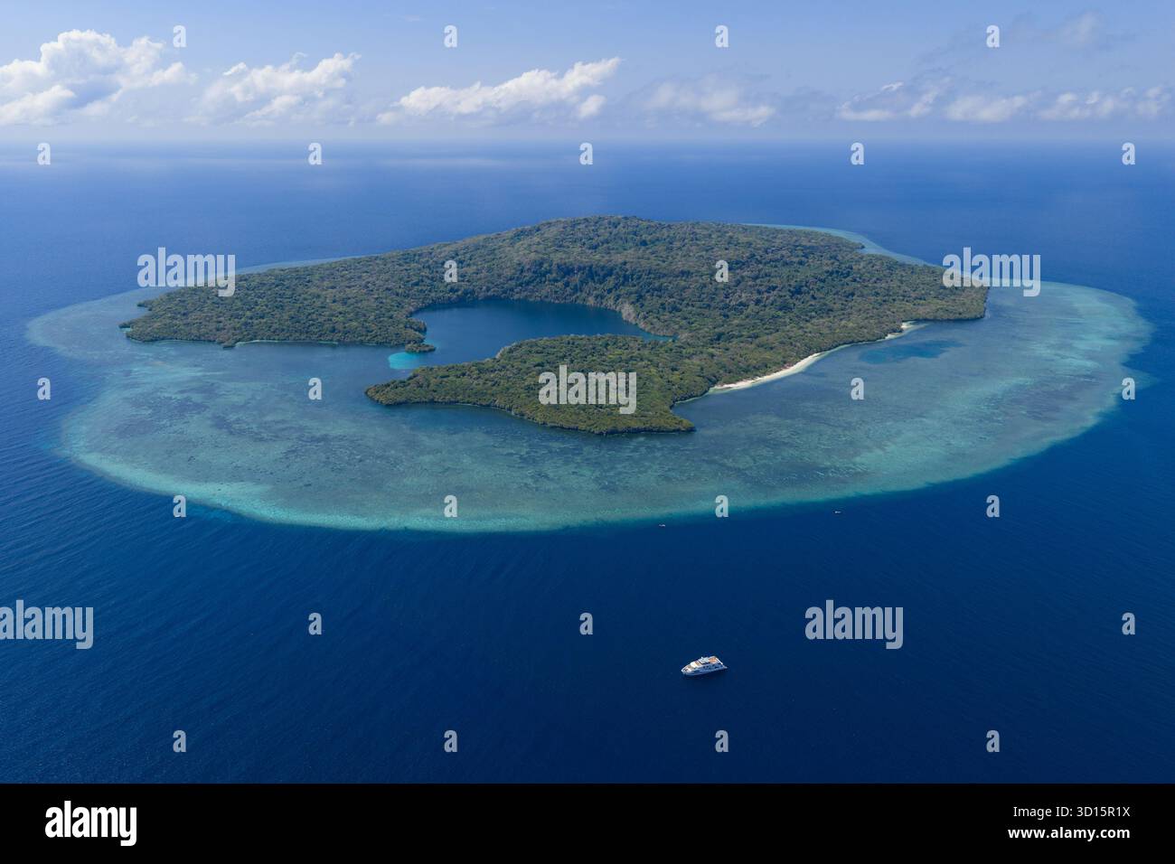 L'île isolée de Pulau Terbang se trouve au milieu de la mer de Banda, en Indonésie. Entourée de récifs coralliens, cette île abrite une grande biodiversité. Banque D'Images