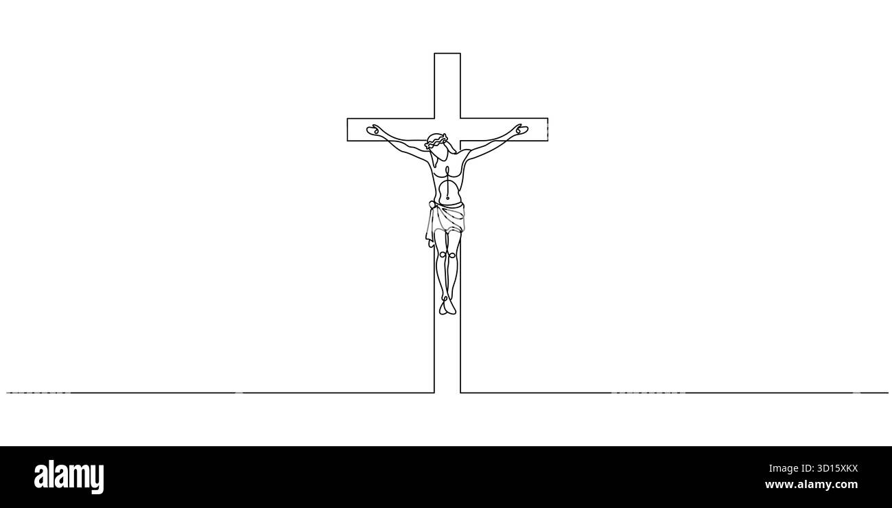 Art en ligne continue de Jésus-Christ. Un dessin au trait du seigneur Jésus étant crucifié sur la croix. Art au trait de l'événement crucifixion de Jésus-Christ. vecto Illustration de Vecteur