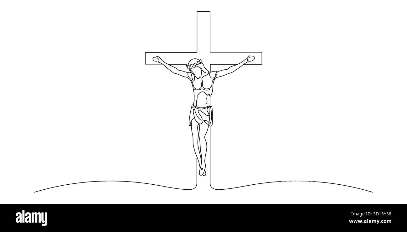 Art en ligne continue de Jésus-Christ. Un dessin au trait du seigneur Jésus étant crucifié sur la croix. Art au trait de l'événement crucifixion de Jésus-Christ. vecto Illustration de Vecteur