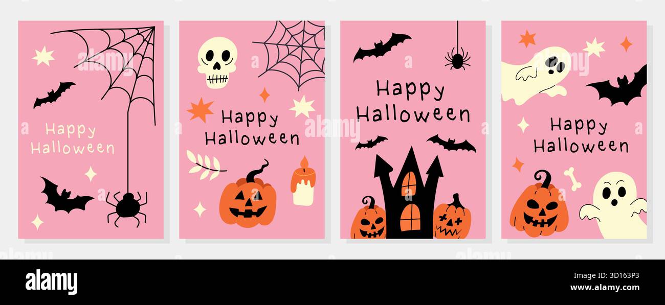 Ensemble de cartes de voeux roses d'Halloween avec citrouilles, fantômes, chauves-souris et toiles d'araignée. Illustration plate mignonne et minimale pour la décoration saisonnière et l'impression Illustration de Vecteur
