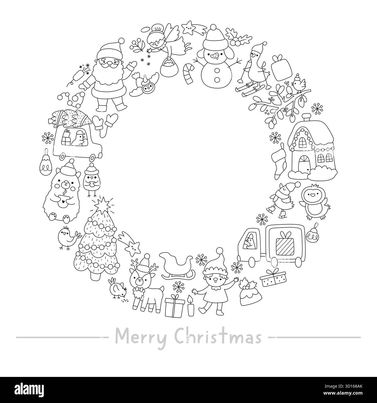 Vecteur noir et blanc cadre rond de Noël, couronne avec cerf, arbre, elfe. Conception de modèle de carte de nouvel an pour les bannières, les invitations. Ligne de vacances d'hiver Illustration de Vecteur