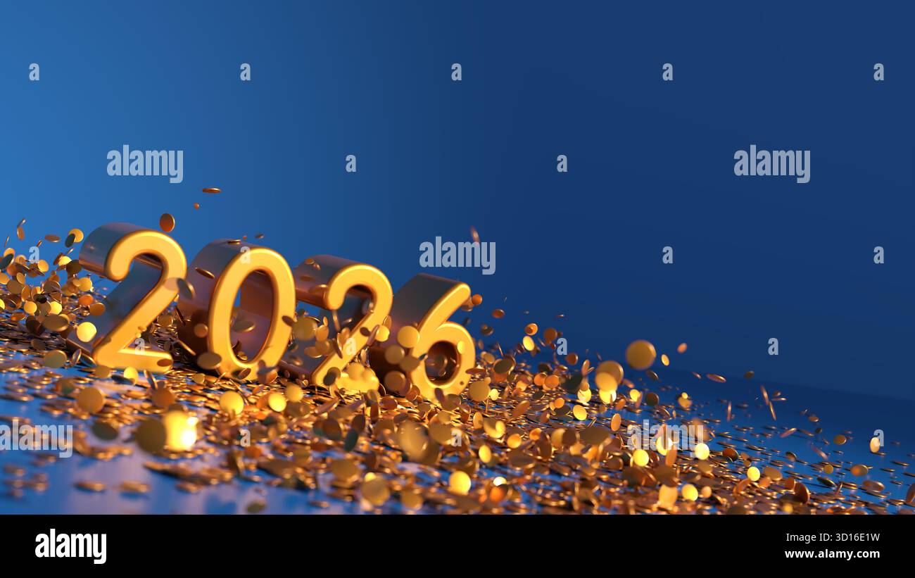 Texte doré 2026 sous confettis dorés et feux d'artifice - rendu 3D - fond noir Banque D'Images