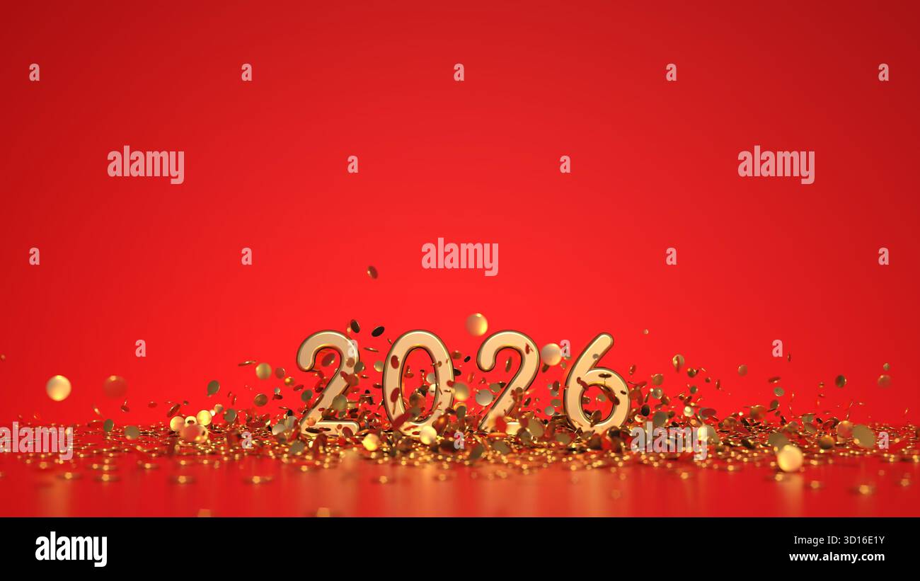 Texte doré 2026 sous confettis dorés et feux d'artifice - rendu 3D - fond noir Banque D'Images