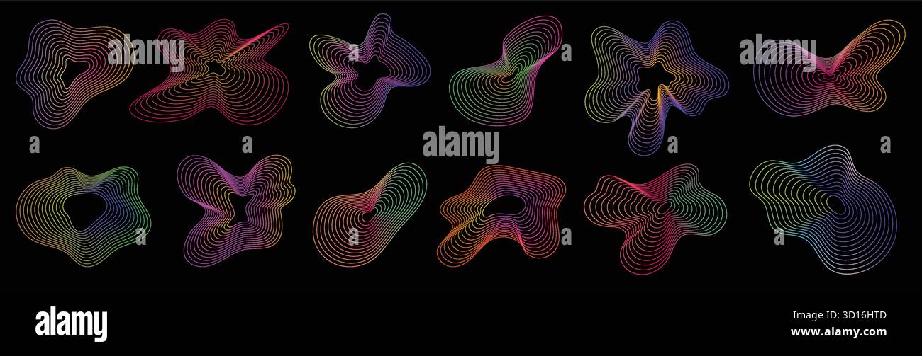 Formes amorphes. Forme dynamique abstraite de néon, motif d'onde de ligne 3d, texture d'ondulation de technologie radiale. Gradient de fluide de couleur à impulsion musicale. Effet visuel de flux sonore numérique. Ensemble de vecteurs. Illustration de Vecteur