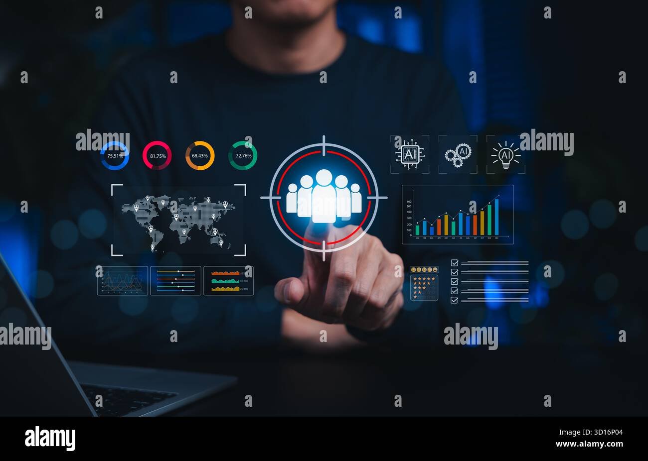 Concept de ciblage client et d'analyse de données basé sur L'IA avec interface numérique et public cible. Symbolisant stratégie marketing, segmentation, CRM Banque D'Images