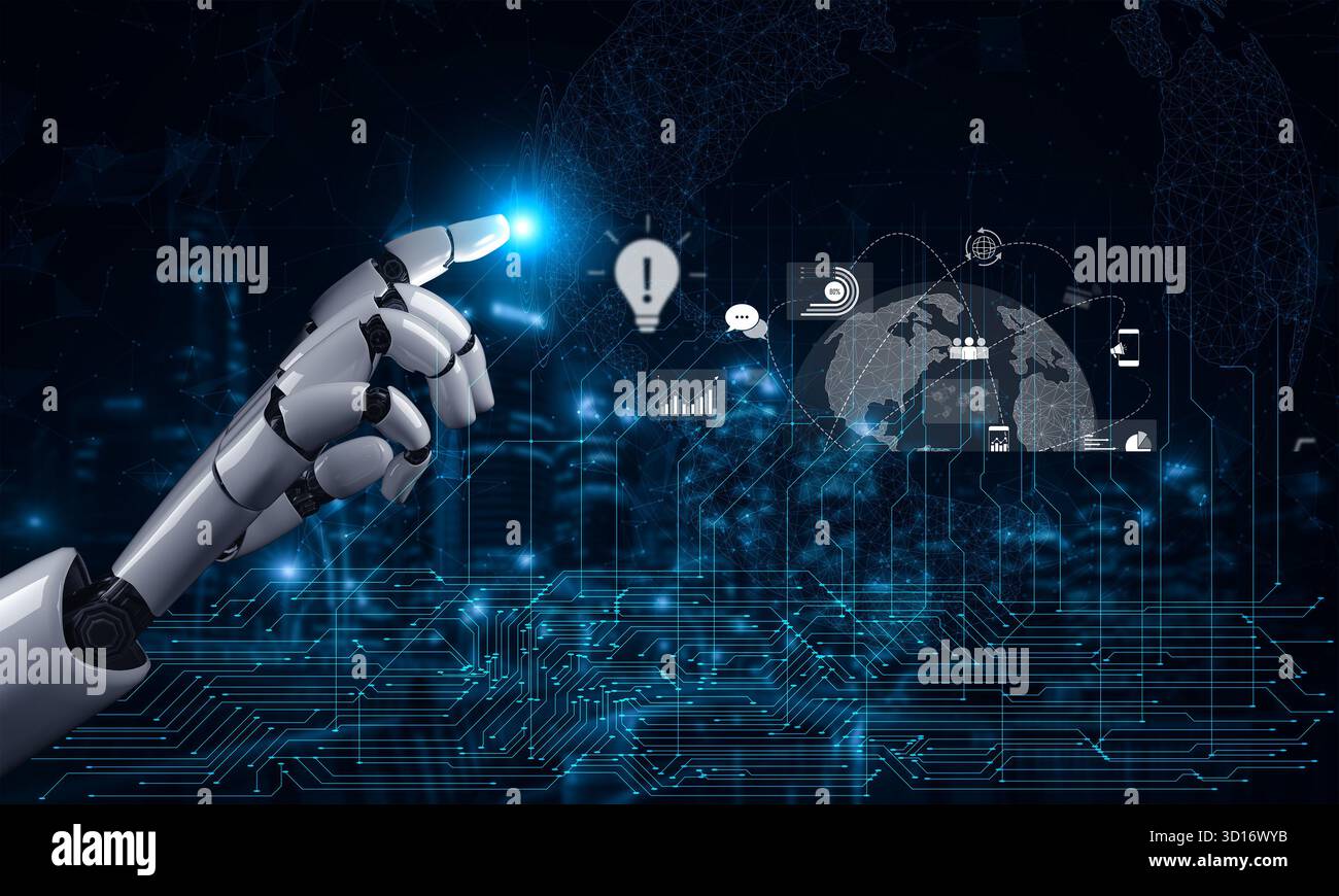 IA gestion du marketing numérique mondial, optimisation de la communication, analyse des tendances en matière de données et automatisation de la diffusion de contenu sur divers réseaux en ligne. Banque D'Images