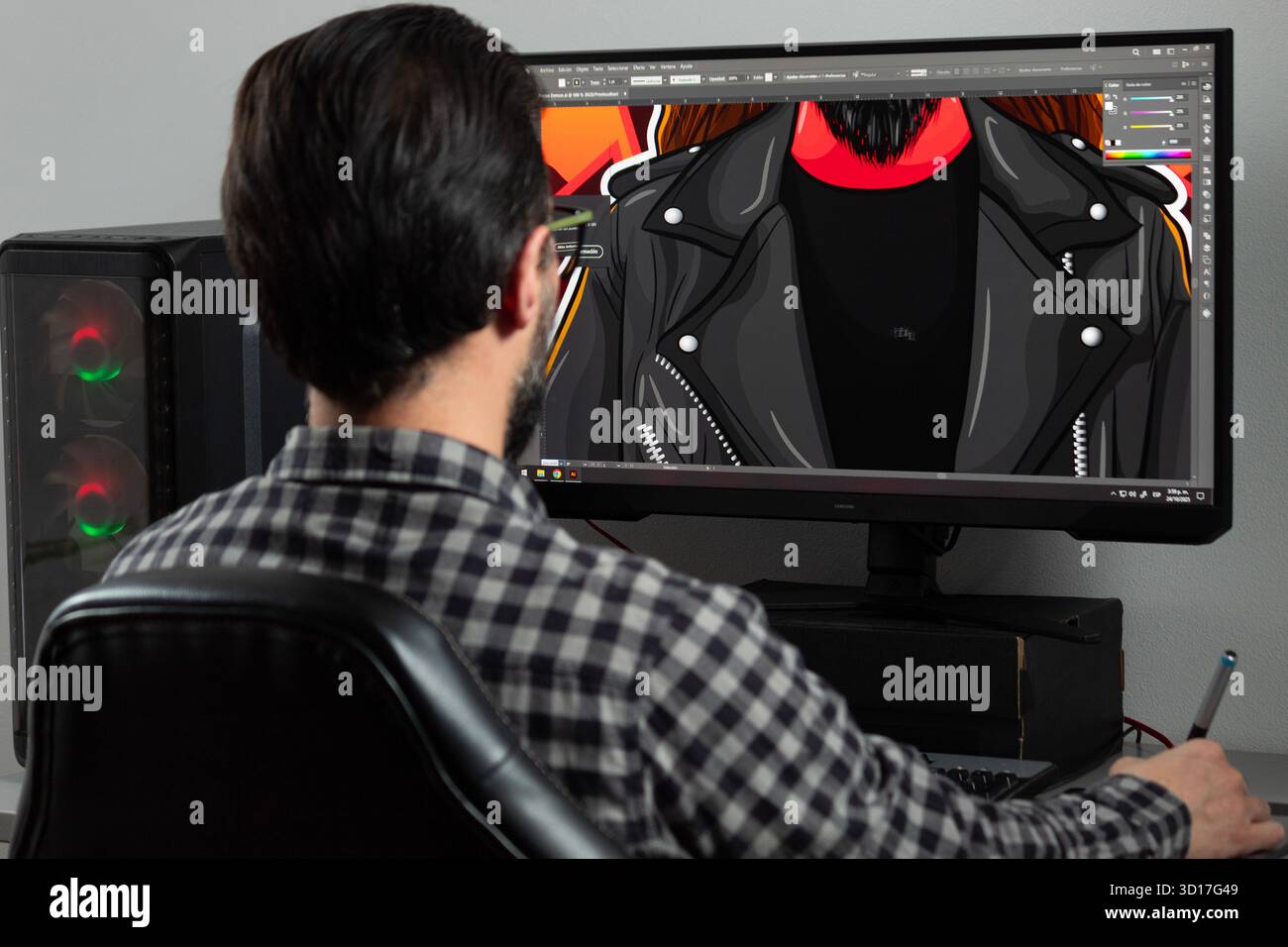 Gros plan sur un homme graphiste dessinant en arrière une illustration vectorielle dans adobe Illustrator logiciel dans un ordinateur de joueur Banque D'Images