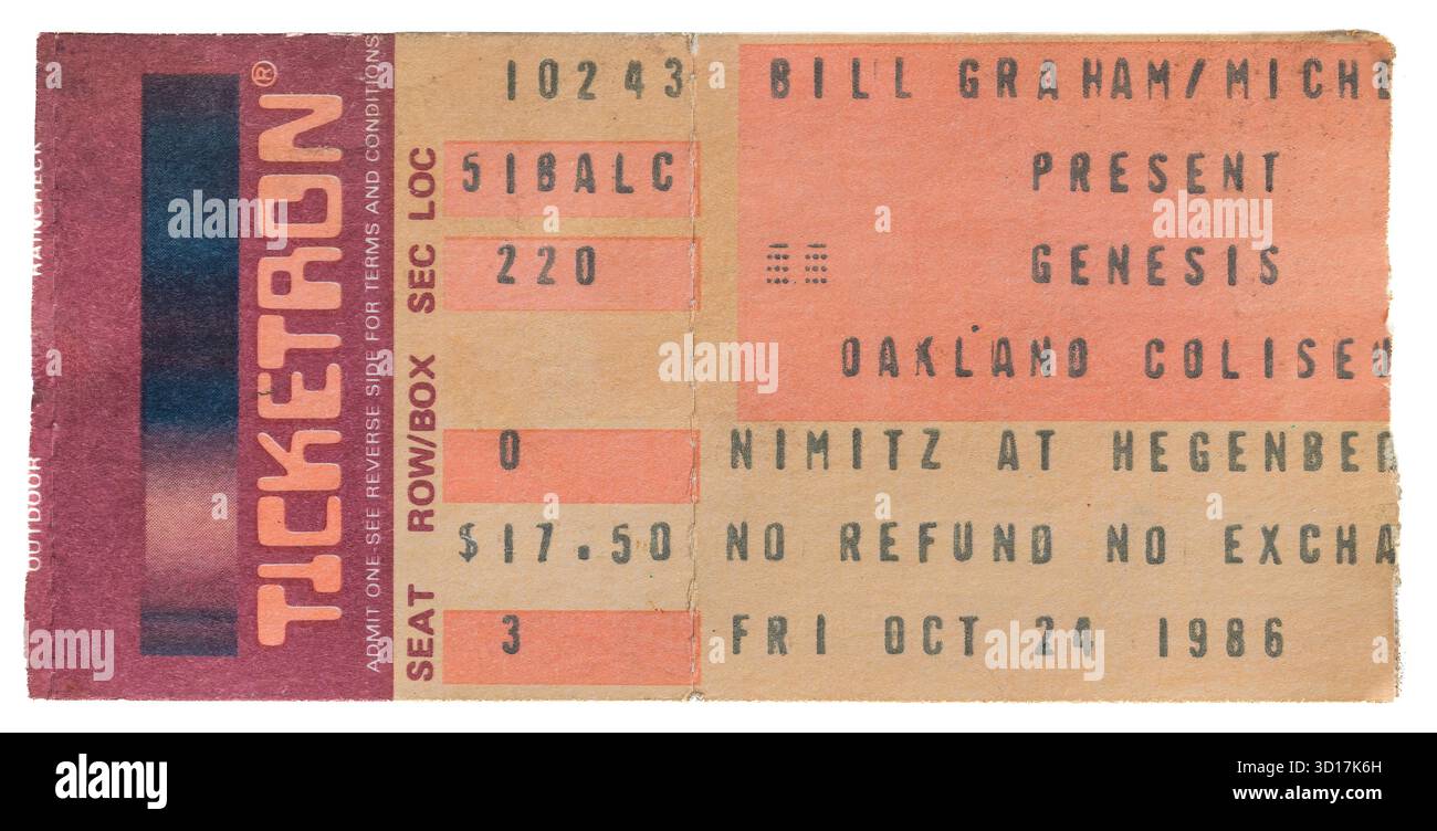Oakland, Californie - 24 octobre 1986 - ancien talon de billet utilisé pour le concert Genesis live au Oakland Coliseum pendant la tournée invisible Touch. Banque D'Images