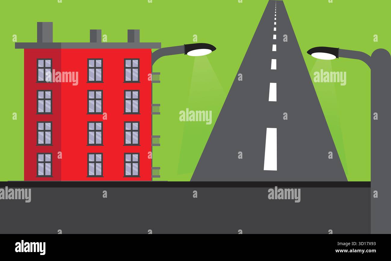Bâtiment rouge stylisé se dresse à côté d'une route asphaltée effilée avec des lampadaires Illustration de Vecteur