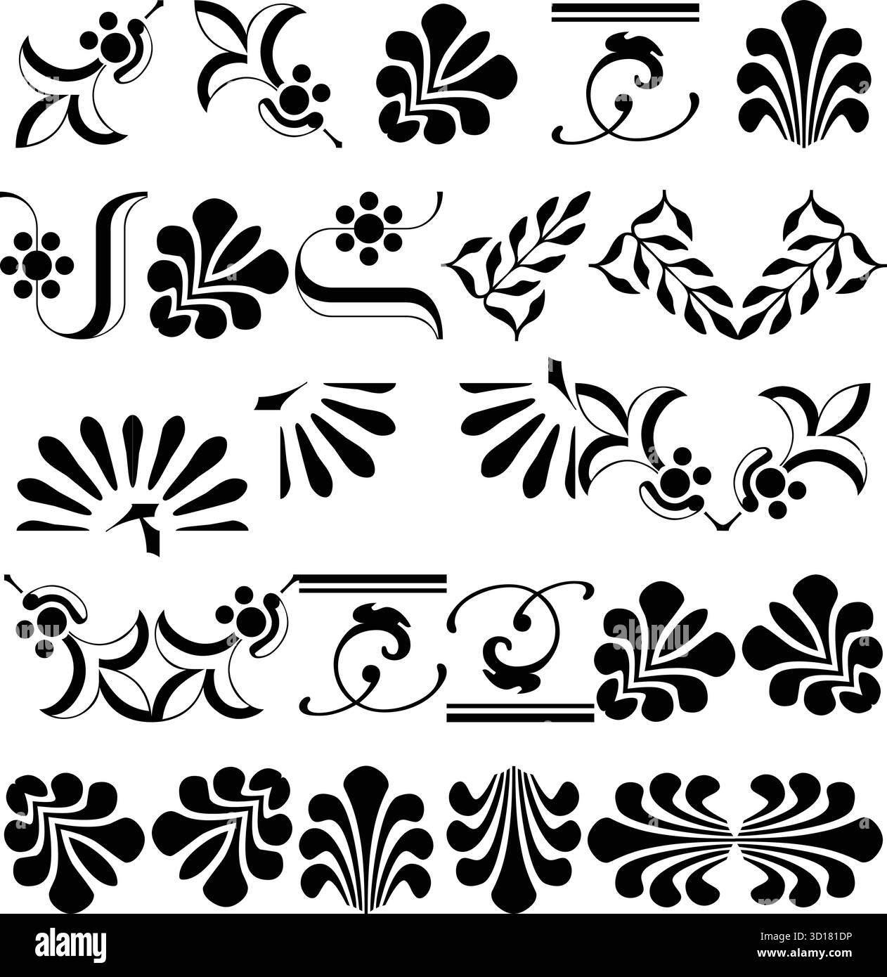 Collection d'ornements décoratifs floraux et feuillus noirs et de bordures isolés sur fond blanc Illustration de Vecteur