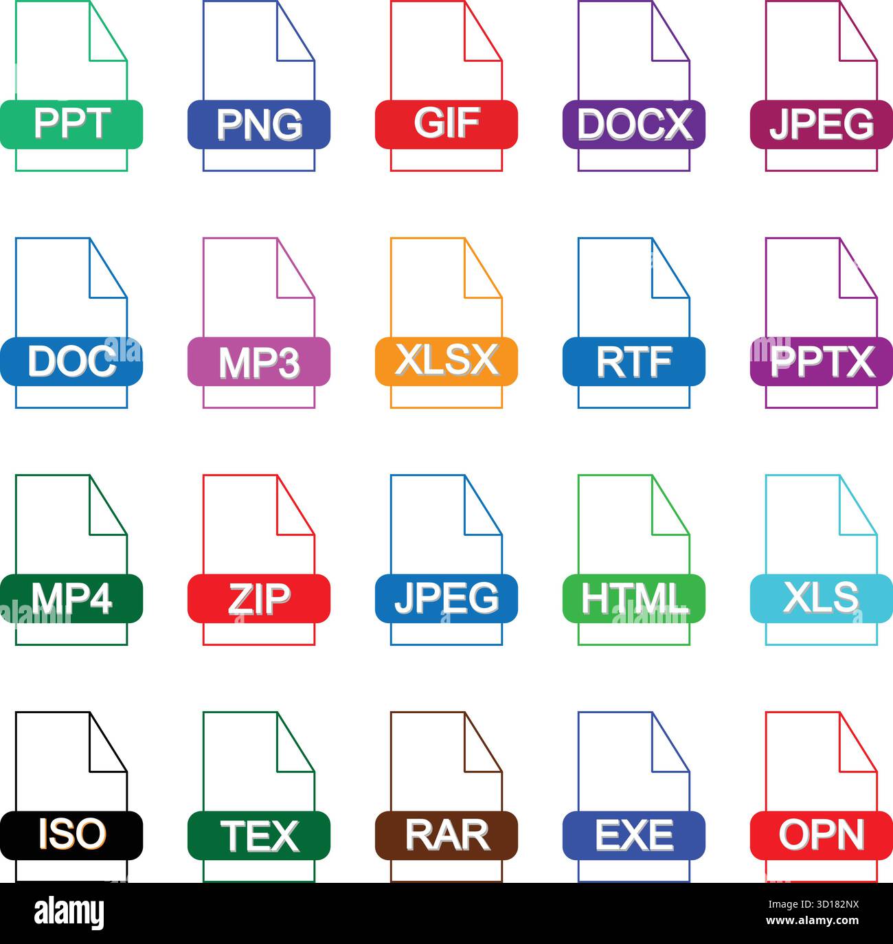 Collection diversifiée d'icônes de type de fichier numérique représentant divers formats de document isolés sur fond blanc Illustration de Vecteur