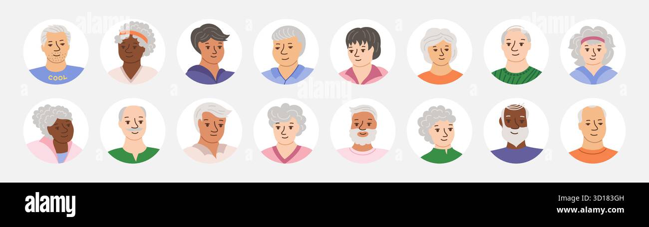 Ensemble d'avatars de personnes âgées souriantes heureuses. Portraits vieux hommes et femmes personnages de dessins animés ensemble plat. Rire joie, sourire adultes seniors différentes nationalités masculin cercle féminin web avatars vecteur Illustration de Vecteur