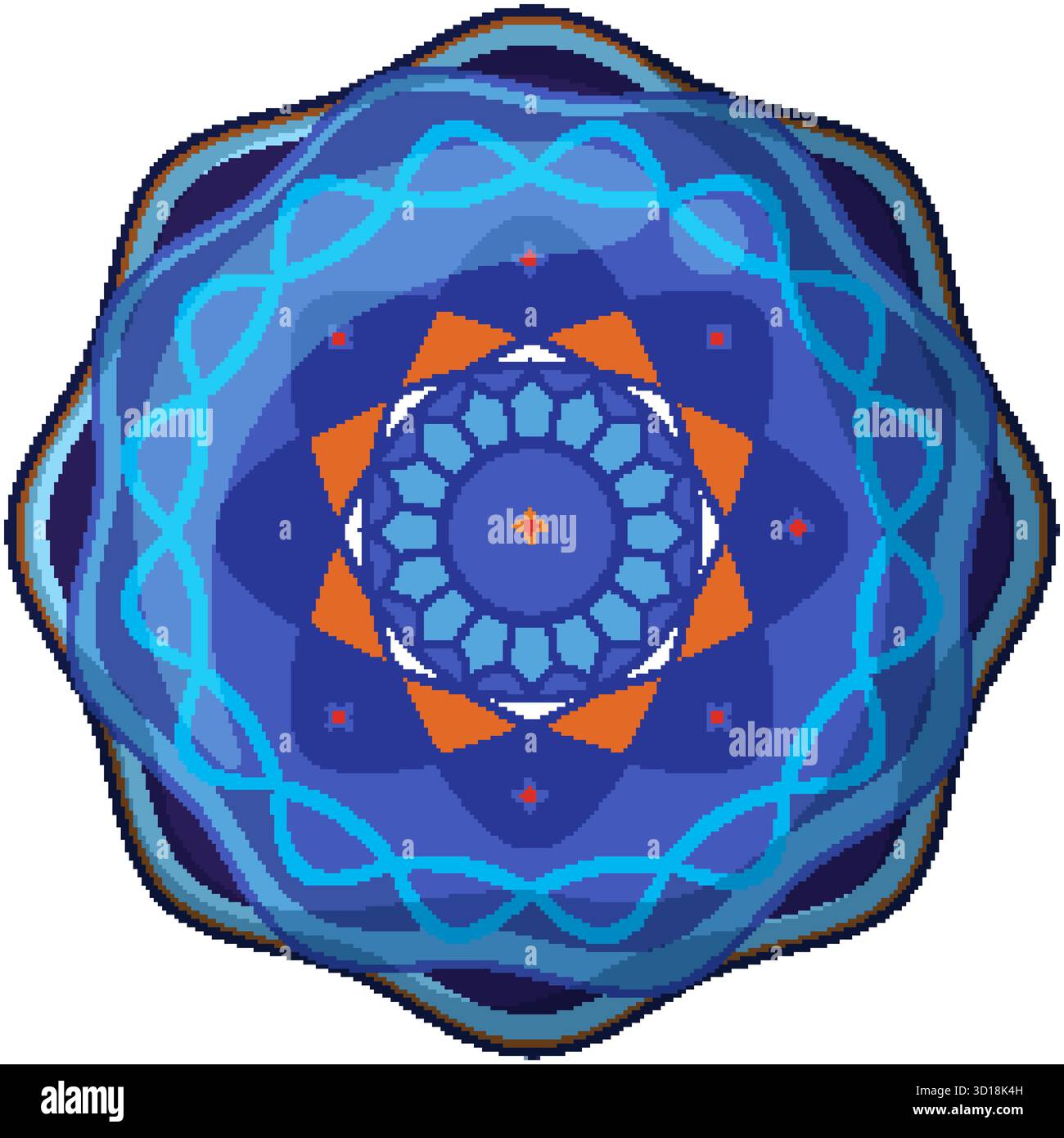 Mandala vectoriel symétrique avec des dégradés bleus, des reflets oranges, des motifs floraux et des formes géométriques superposées Illustration de Vecteur
