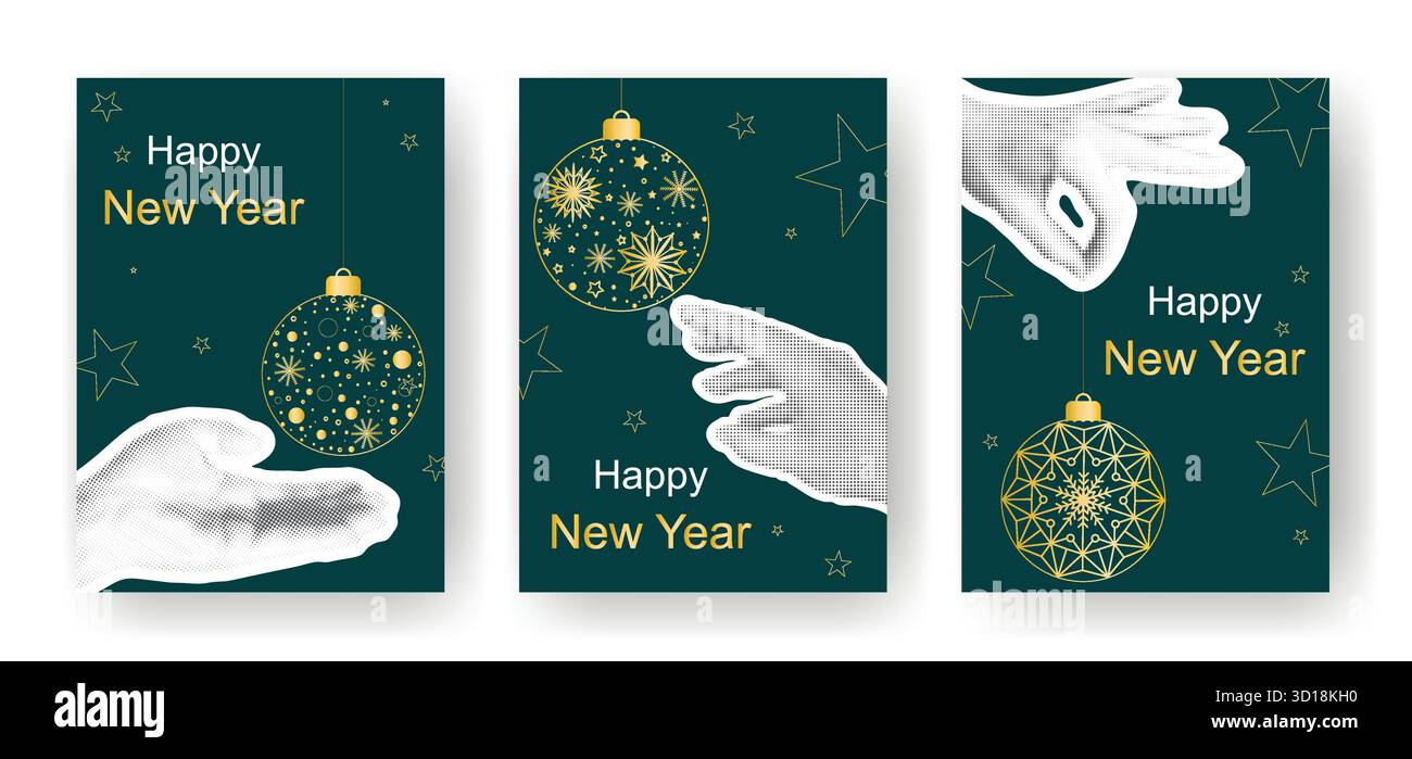Placez les cartes du nouvel an modernes dans un style collage. Modèles verticaux avec texte de félicitations, éléments demi-teintes, boules dorées et étoiles d'arbre de Noël. Illustration de Vecteur