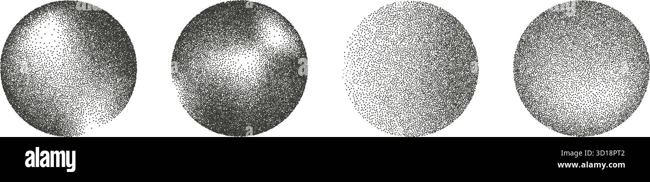 Jeu d'éléments sphériques de gradation du bruit. Grunge les cercles dégradés de dotwork. Formes pointillées noires de texture de points. Zones de texte diffuses de sable décoloré. Peinture à l'encre Illustration de Vecteur
