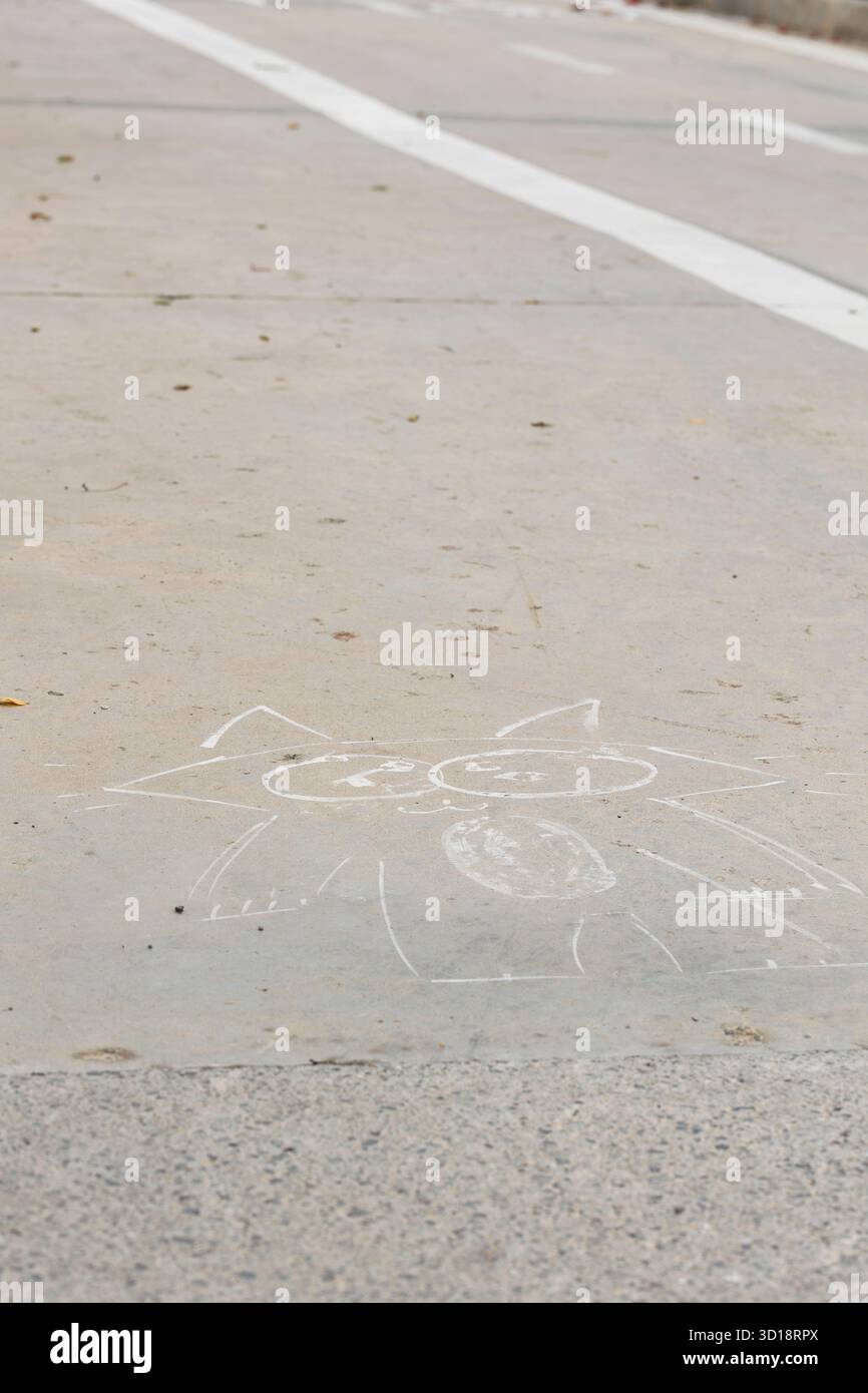 Dessin d'un chat sur la route près de la piste cyclable Banque D'Images