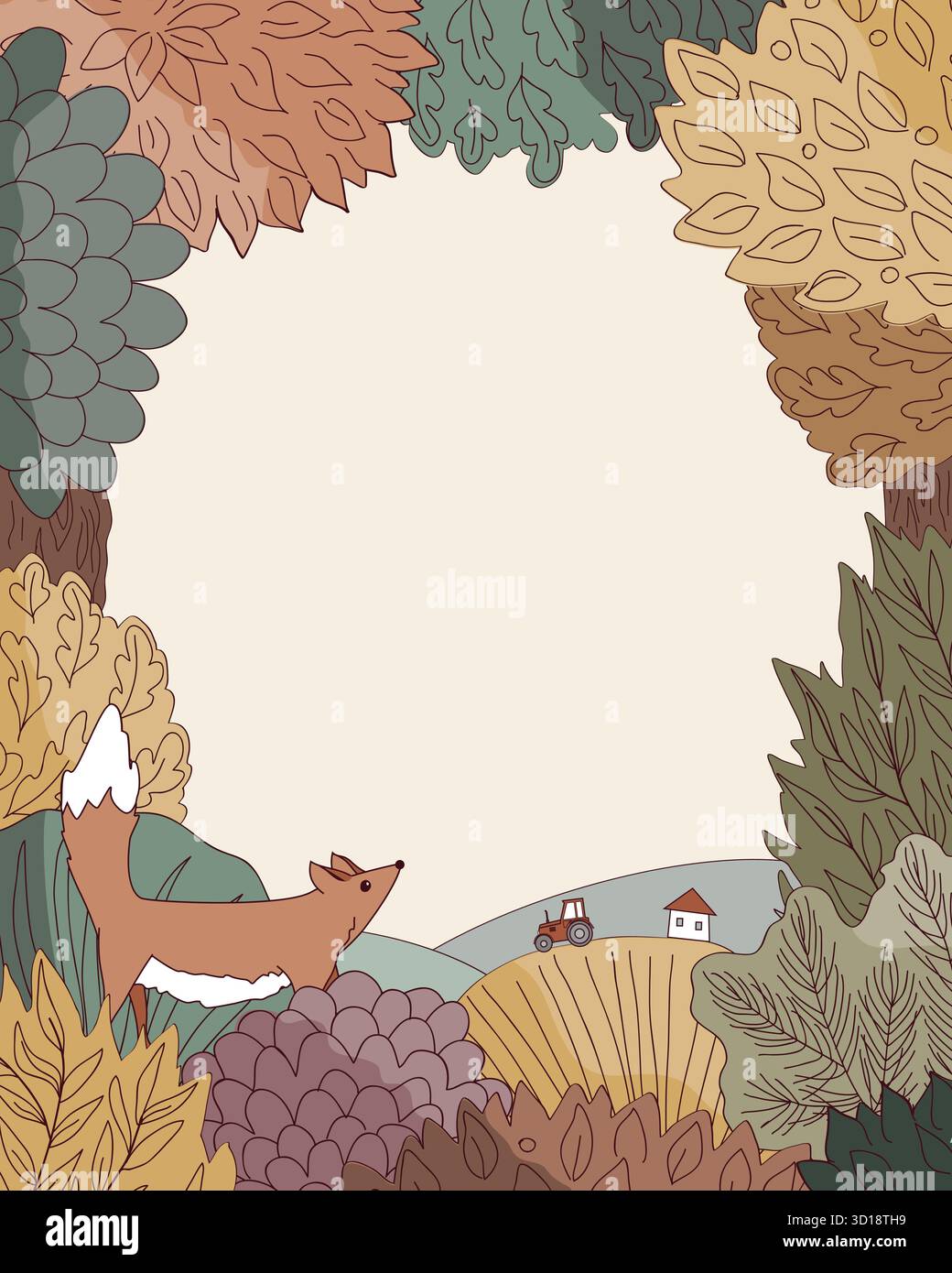 Doodle Autumn cadre de forêt dessiné à la main dans un style linéaire. Bordure florale d'automne avec place pour le texte. Illustration vectorielle Illustration de Vecteur