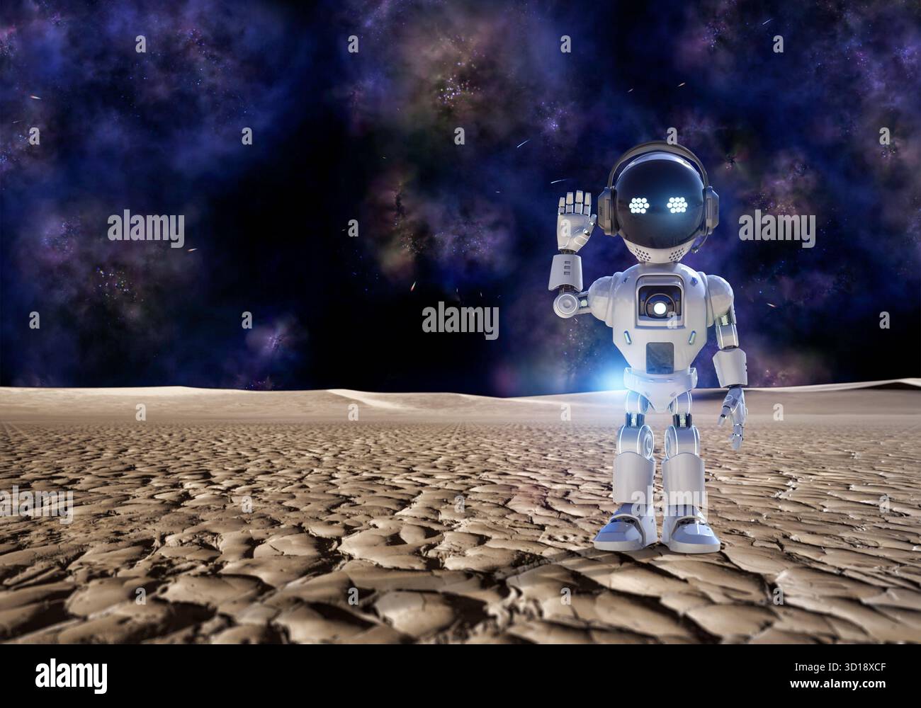 rendu 3d robot d'intelligence artificielle ou astronaute robotique main vers le haut pour saluer de l'espace extra-atmosphérique Banque D'Images