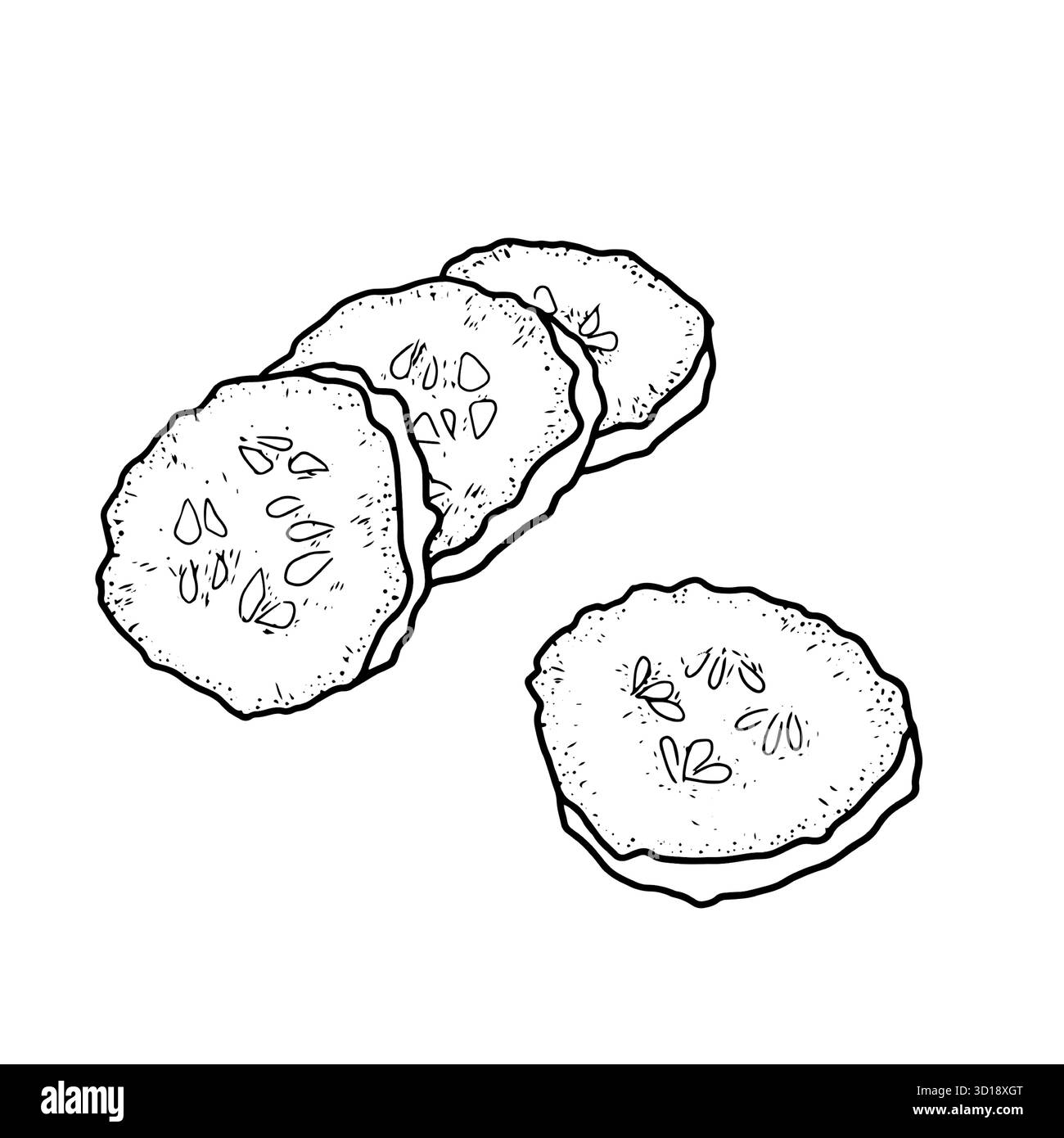 Concombres tranchés et tranches d'un croquis dessiné à la main. Illustration vectorielle. Légumes rustiques frais, l'ensemble est isolé sur un fond blanc. Le Conce Illustration de Vecteur