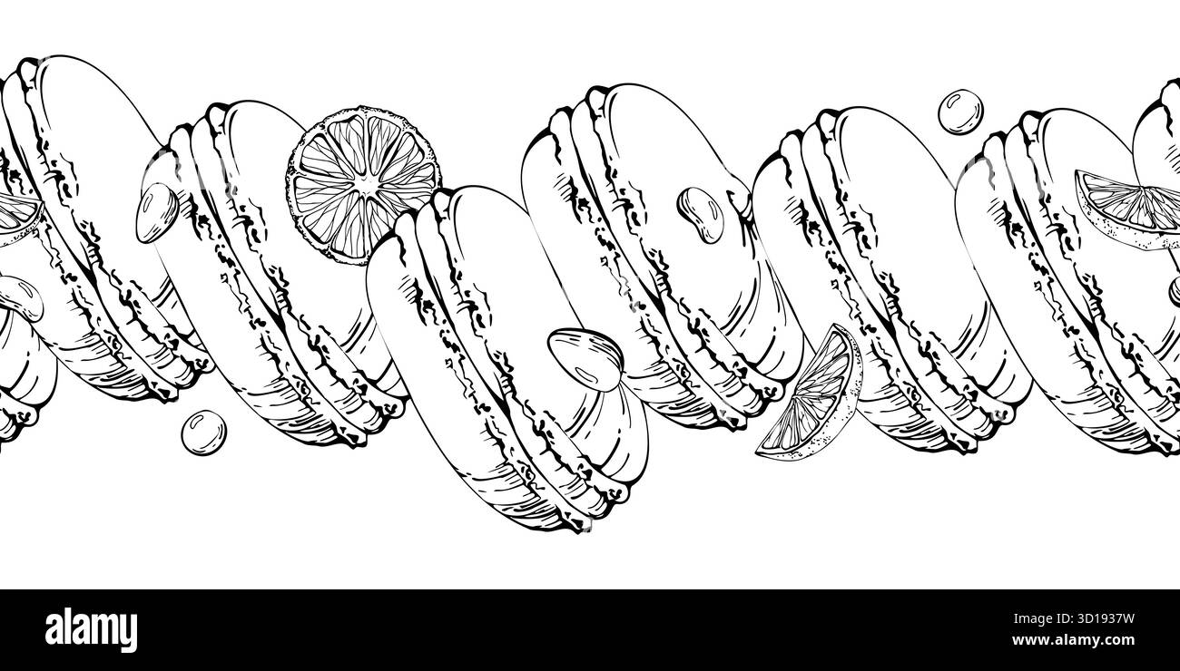 Pâtisseries aux macarons françaises, biscuits à tarte whoopie remplis de soufflé en rangée sans couture. Illustration dessinée à la main isolée à l'encre vectorielle. Dessins de kit alimentaire, étiquette de cuisine Illustration de Vecteur