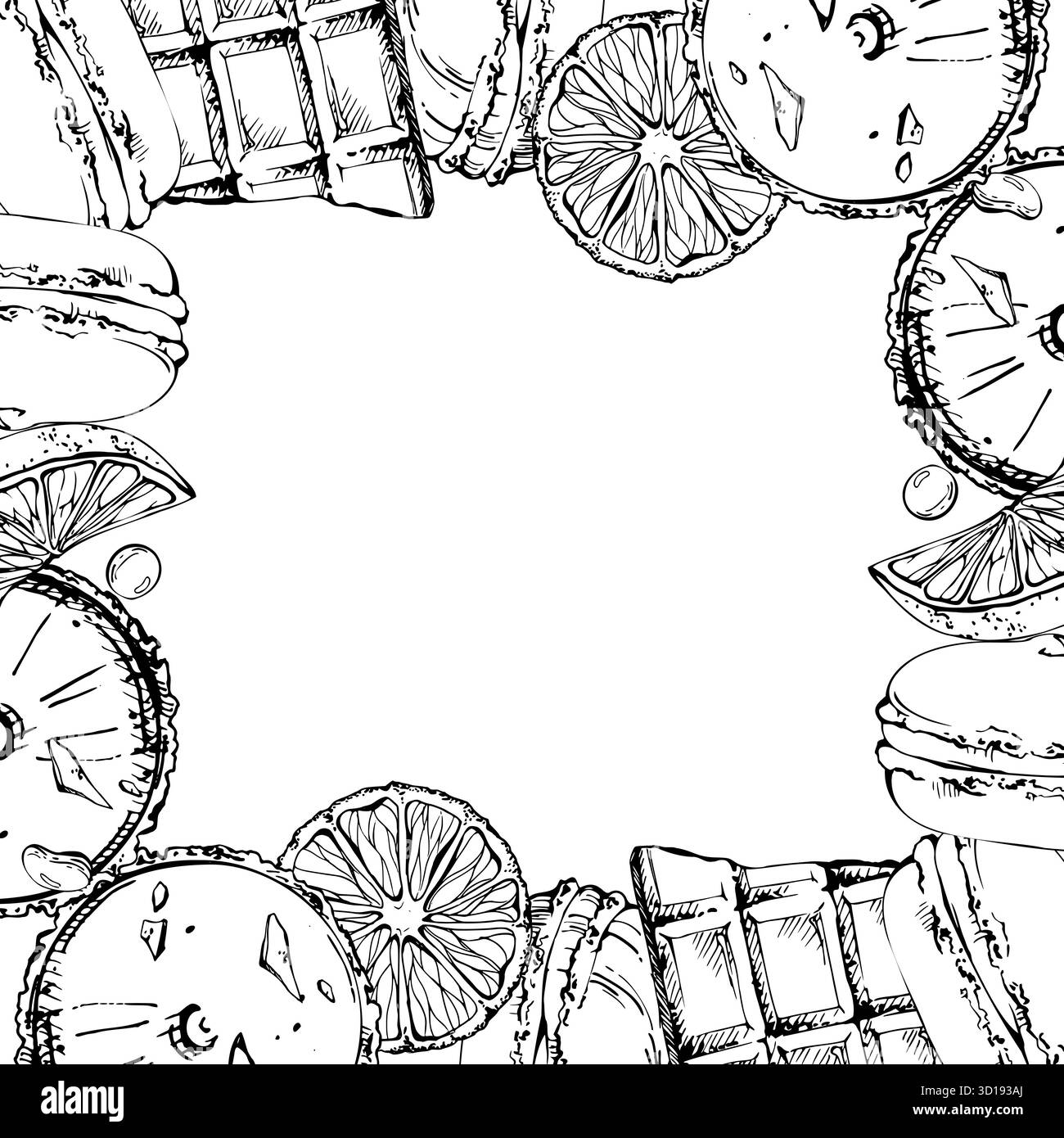 Biscuits gourmands aux macarons avec copeaux de chocolat, tranches d'orange vives, bonbons au cacao. Illustration isolée dessinée à la main à l'encre vectorielle. Motifs de cadre de menu Illustration de Vecteur