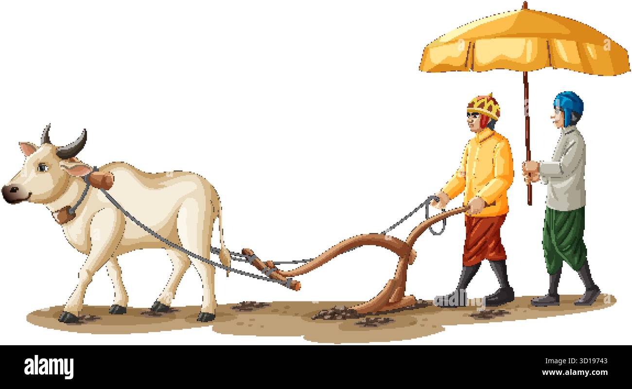 Agriculteurs cambodgiens labourant des champs avec des bœufs, art vectoriel dynamique montrant l'agriculture rurale traditionnelle. Illustration de Vecteur