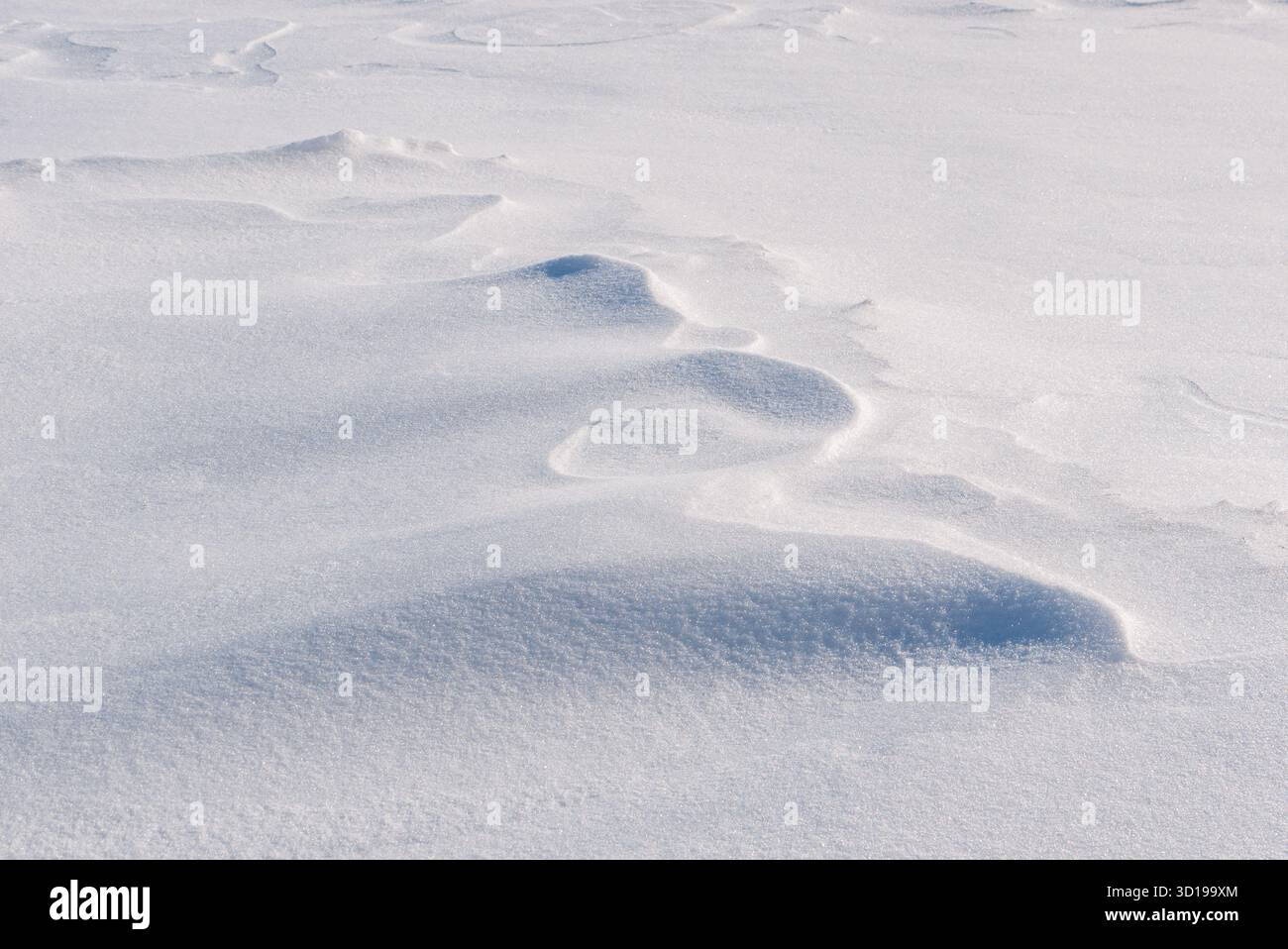 Neige soufflée par le vent présentant des textures courbes de lumière et d'ombre Banque D'Images