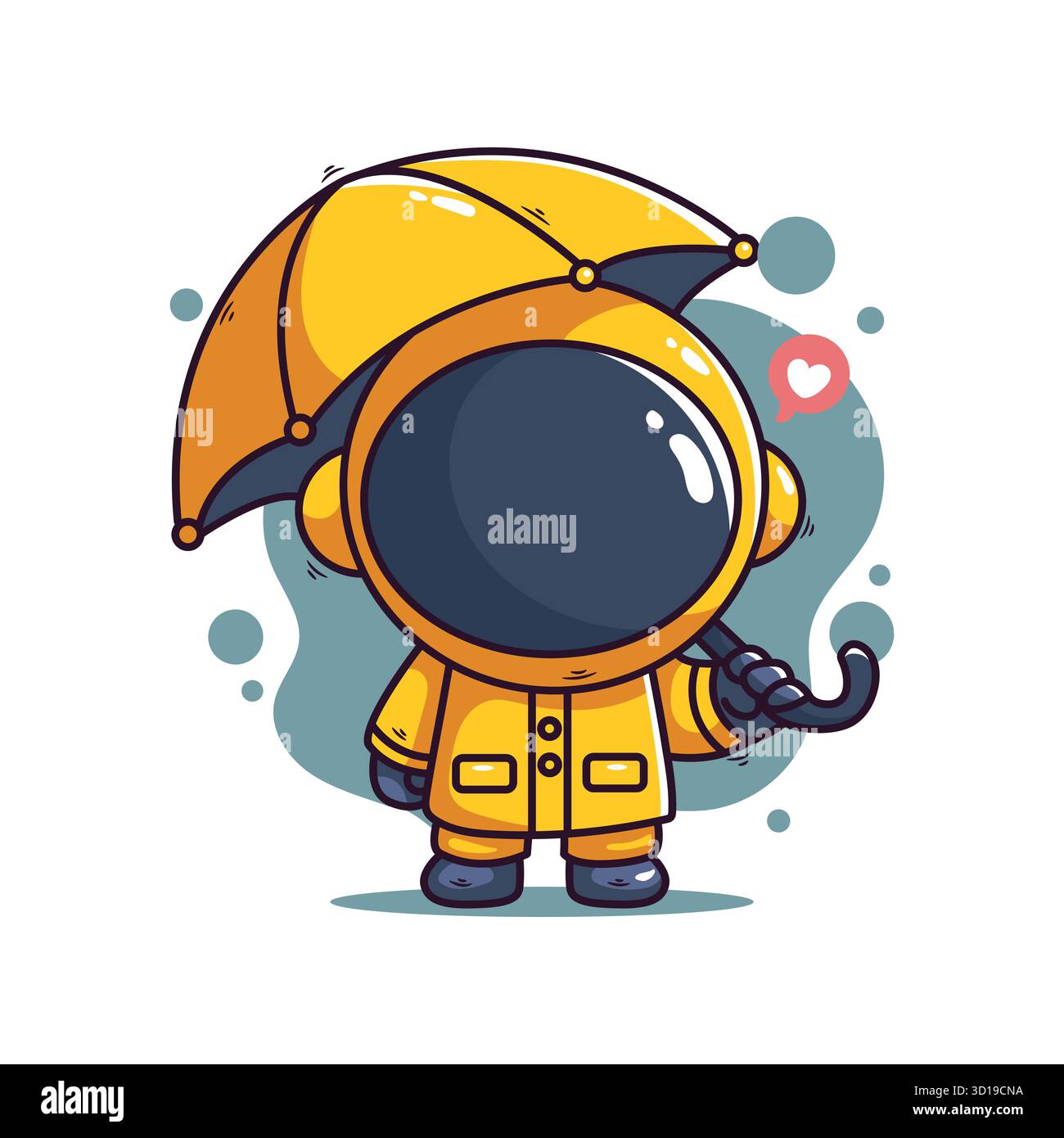 Mignon astronaute dans Yellow Raincoat Holding Umbrella – illustration vectorielle spatiale fantaisiste Banque D'Images