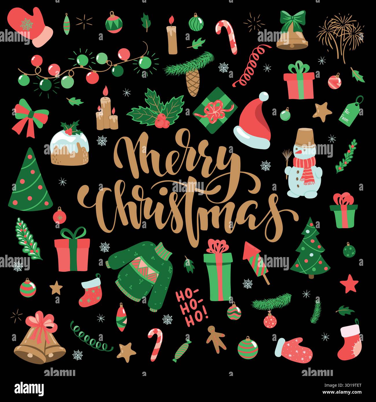 Ensemble doodle joyeux nouvel an et joyeux Noël. Collection d'éléments de Noël pour concevoir des cartes de voeux de vacances et des invitations du joyeux Noël an Illustration de Vecteur
