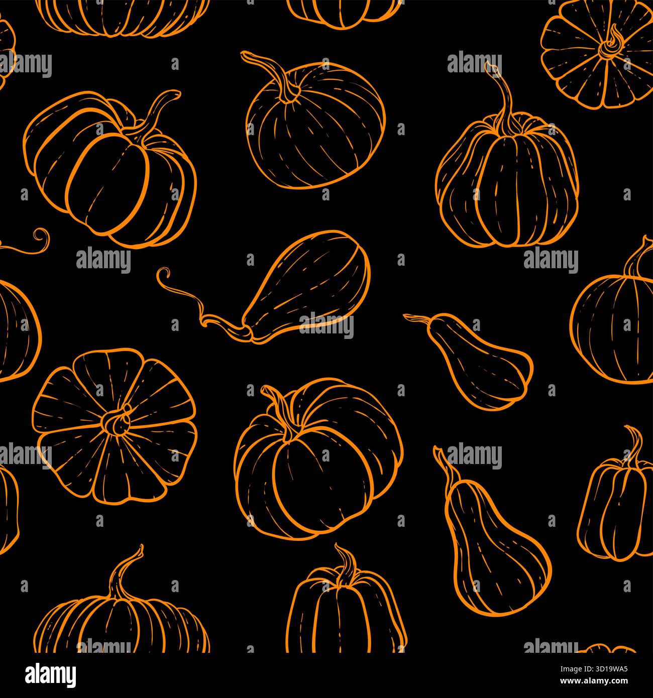 Modèle sans couture avec citrouille noire et blanche dessinée à la main. Joli motif automne textile sans couture. conception pour carte de vœux et invitation Illustration de Vecteur