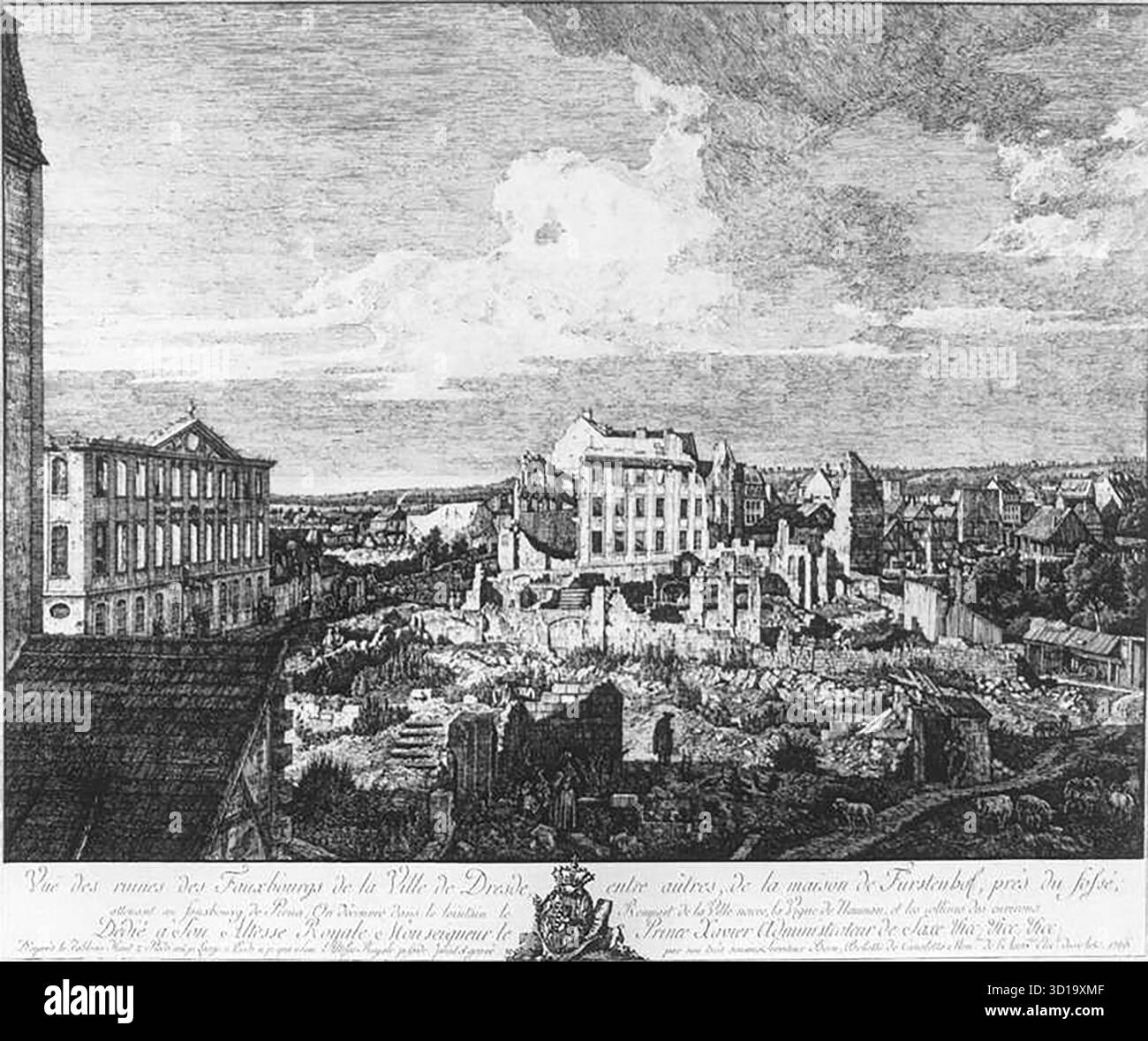 BELLOTTO, Bernardo (né en 1720, Venezia, décédé en 1780, Warszawa) Dresde, les ruines de la Pirnaische Vorstadt 1766 gravure Collection privée la gravure a été faite par Bellotto d'après sa propre peinture qui a été cru perdu pendant longtemps. Pendant près de deux siècles, la toile a mené une existence cachée en tant qu'œuvre anonyme dans le dépôt du Musée des Beaux-Arts de Troyes, où on pensait qu'elle représentait la ville de Lisbonne après sa destruction par un tremblement de terre en 1755. Ce n'est qu'en 1974 qu'il est reconnu comme une peinture des ruines de la Pirnaische Vorstadt de Dresde par Bellotto. En 19 Banque D'Images