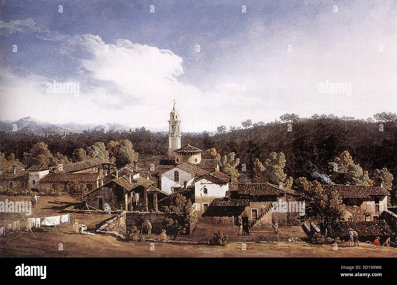 BELLOTTO, Bernardo (1720, Venezia, d. 1780, Warszawa) vue de Gazzada près de Varèse 1744 huile sur toile Pinacoteca di Brera, Milan cette vue et une autre (vue de la Villa Cagnola à Gazzada près de Varèse) dans le même musée ont été récemment restaurées et nous pouvons à nouveau voir la transparence cristalline de la lumière. Bellotto, l'un des grands peintres vénitiens, peut être comparé à Canaletto et Guardi. La poésie abstraite de Canaletto dépendait d'une redécouverte visuelle du paysage historique, tandis que Guardi lui donnait un dynamisme lyrique par le biais d'effets atmosphériques. Les vues de Bellotto, cependant, Banque D'Images