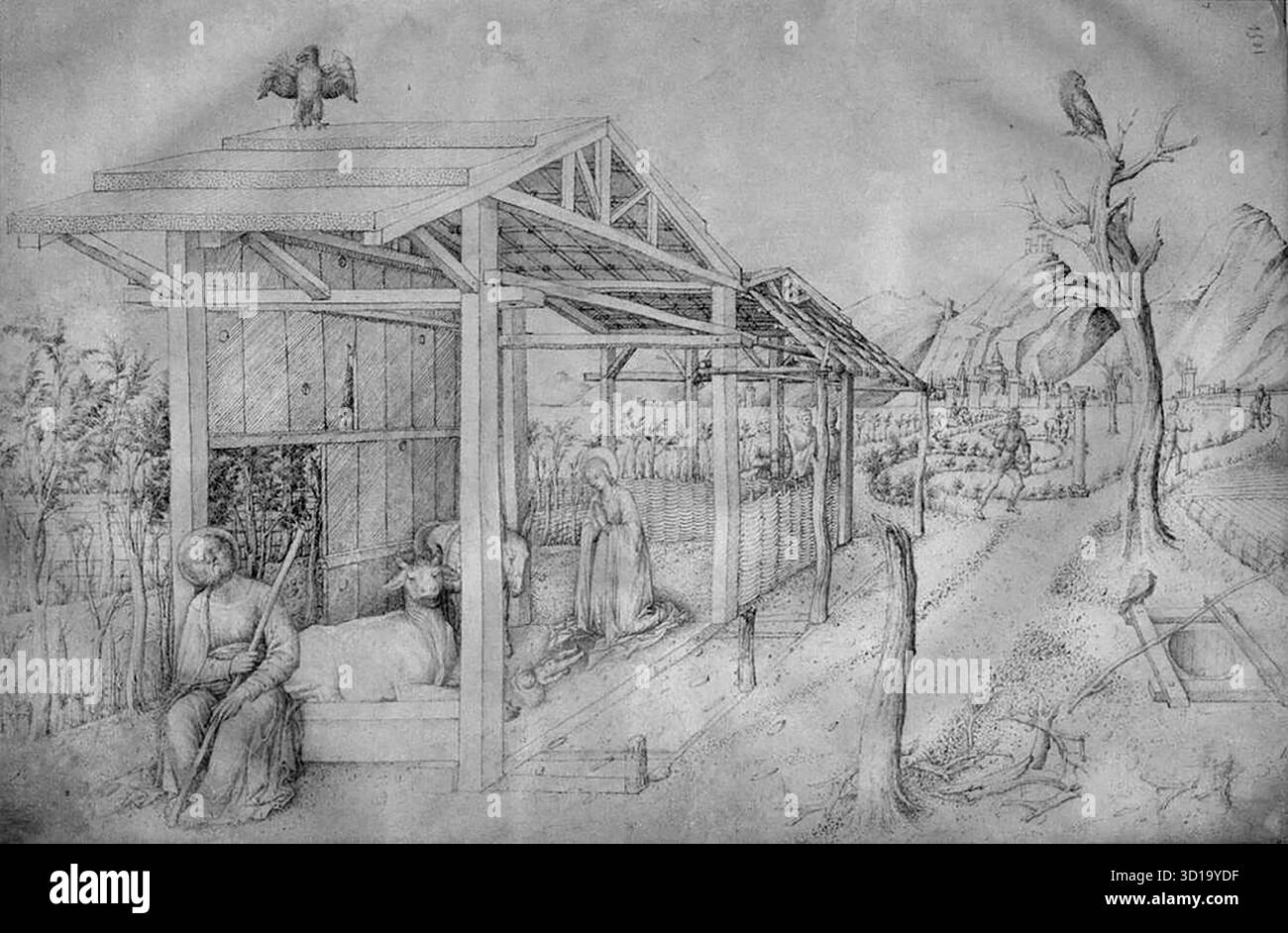 BELLINI, Jacopo (né vers 1400, Venezia, d. 1470, Venezia) Nativité 1440s Leadpoint, 290 x 427 mm Mus?e du Louvre, Paris L'extraordinaire imagination de Jacopo Bellini est vue dans ses dessins survivants, qui ont été faits sur des feuilles de parchemin ou de papier qui ont ensuite été reliés dans des cahiers de dessin. Ils étaient probablement destinés à être des livres modèles qui pourraient être utilisés dans son atelier et par ses descendants - comme ils l'étaient d'ailleurs - et aussi comme un enregistrement de son style et de ses réalisations. Les deux livres de ce genre qui survivent, l'un de dessins sur papier au British Museum, l'autre, sur parchemin, au Louvre Banque D'Images