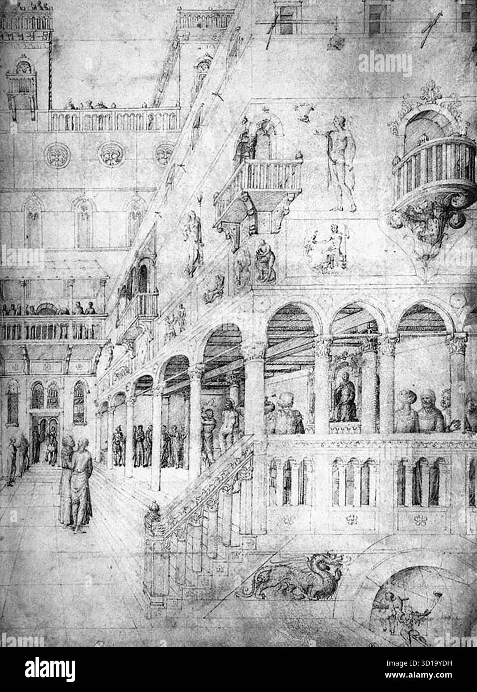 BELLINI, Jacopo (né vers 1400, Venezia, d. 1470, Venezia) flagellation vers 1450 point de repère sur parchemin, 426 x 286 mm Mus?e du Louvre, Paris L'extraordinaire imagination de Jacopo Bellini est vue dans ses dessins survivants, qui ont été faits sur des feuilles de parchemin ou de papier qui ont ensuite été reliés dans des cahiers de dessin. Ils étaient probablement destinés à être des livres modèles qui pourraient être utilisés dans son atelier et par ses descendants - comme ils l'étaient d'ailleurs - et aussi comme un enregistrement de son style et de ses réalisations. Les deux livres qui survivent, l'un de dessins sur papier au British Museum, l'autre, sur parcelle Banque D'Images